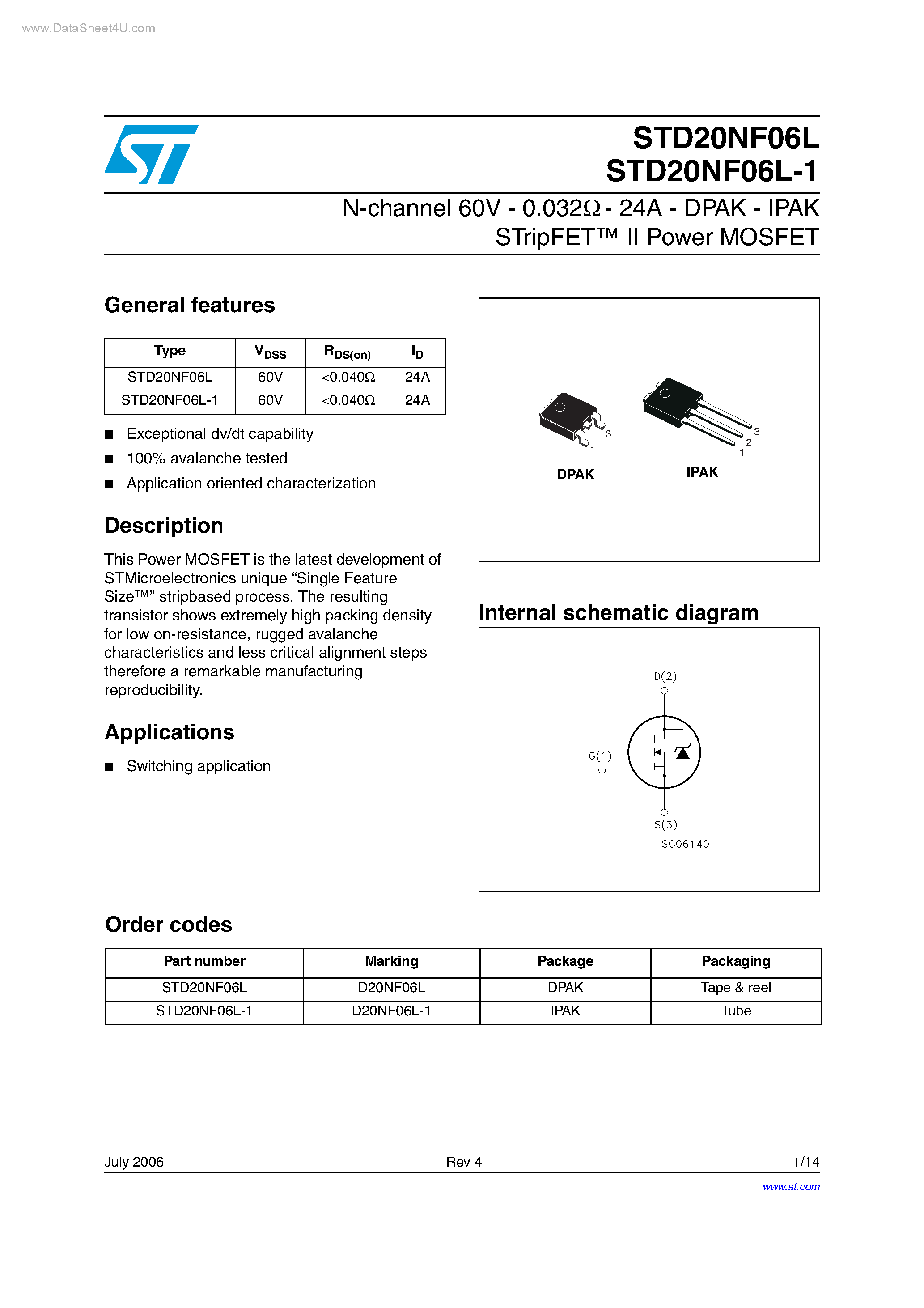 Datasheet STD20NF06L page 1 Datasheet STD20NF06L - N-channel Power MOSFET page 1