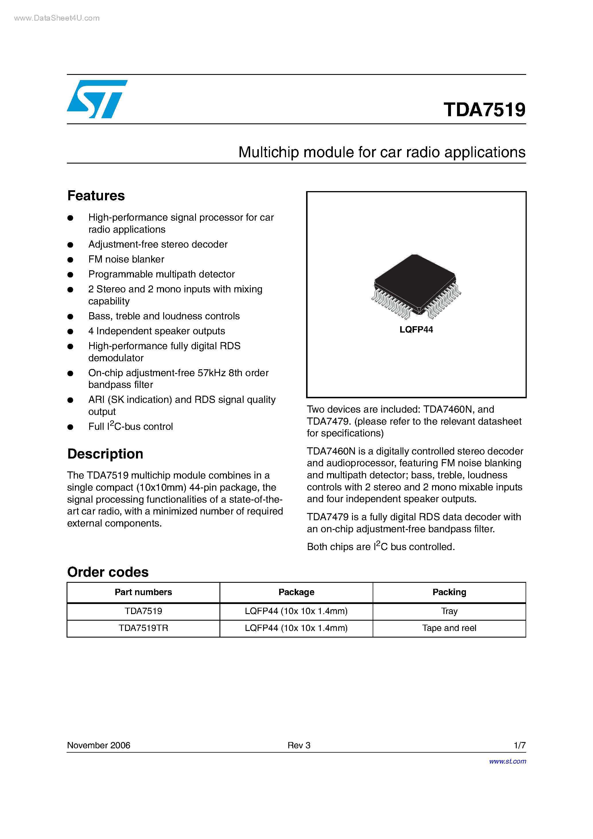 Datasheet TDA7519 - MULTICHIP MODULE page 1