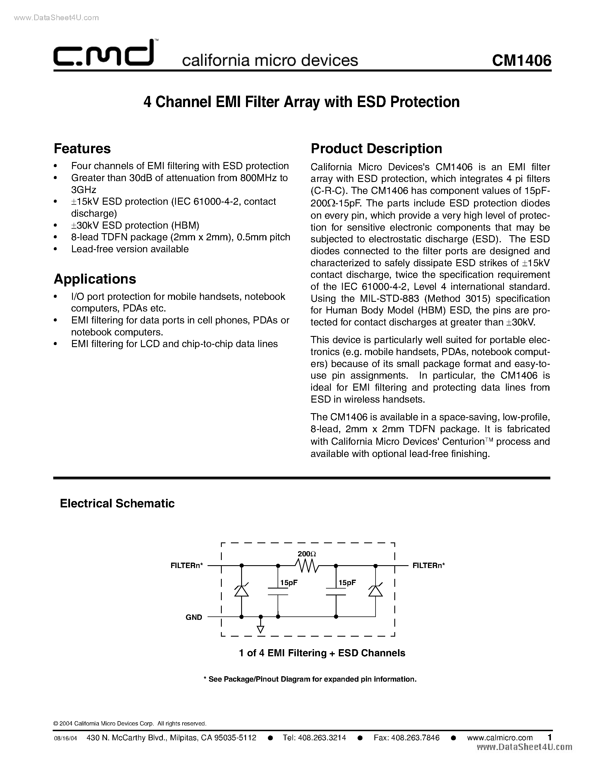 Datasheet CM1406 - 4 Channel EMI Filter Array page 1