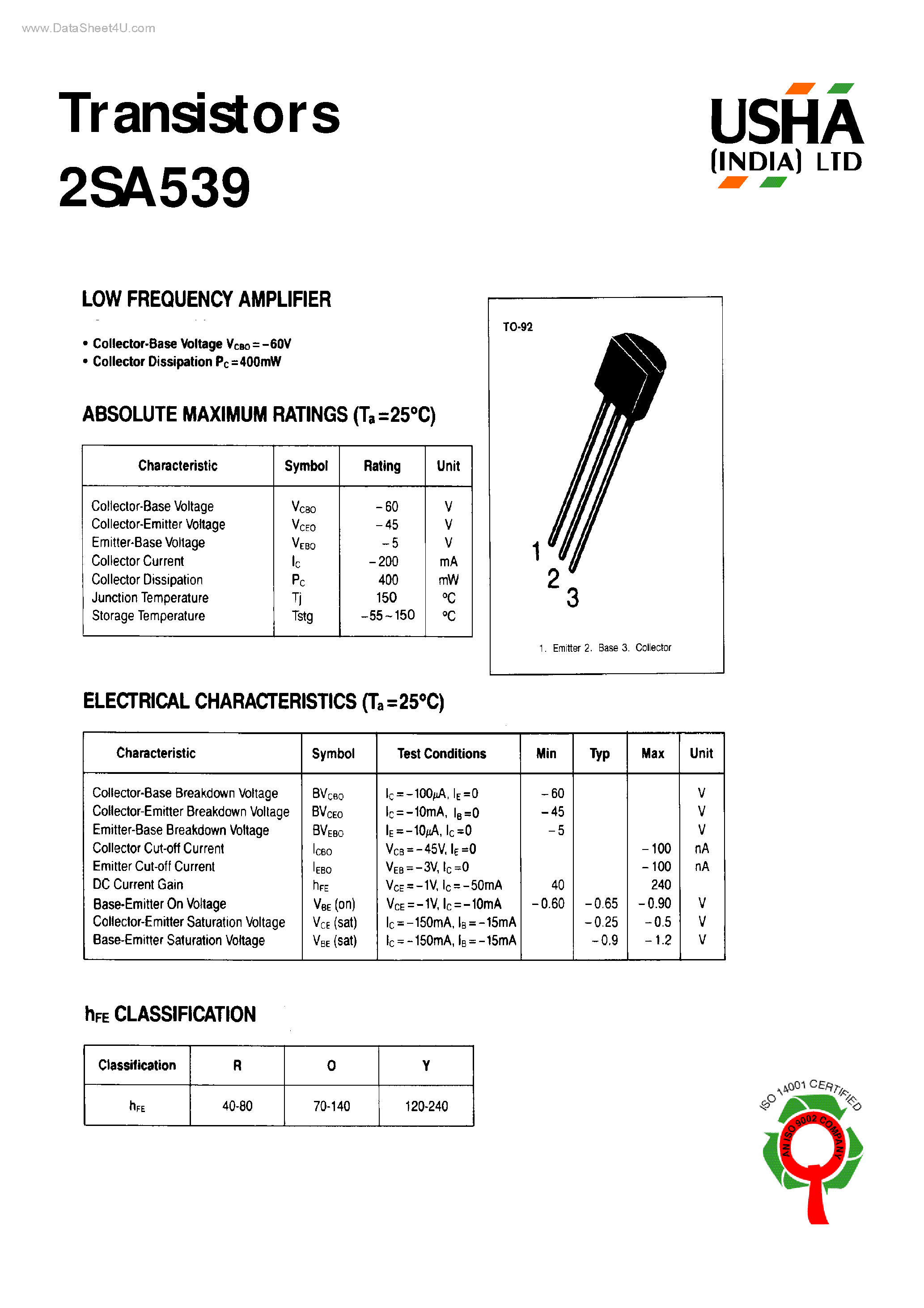 Datasheet 2SA539 page 1 Datasheet 2SA539 - LOW FREQUENCY AMPLIFIER page 1
