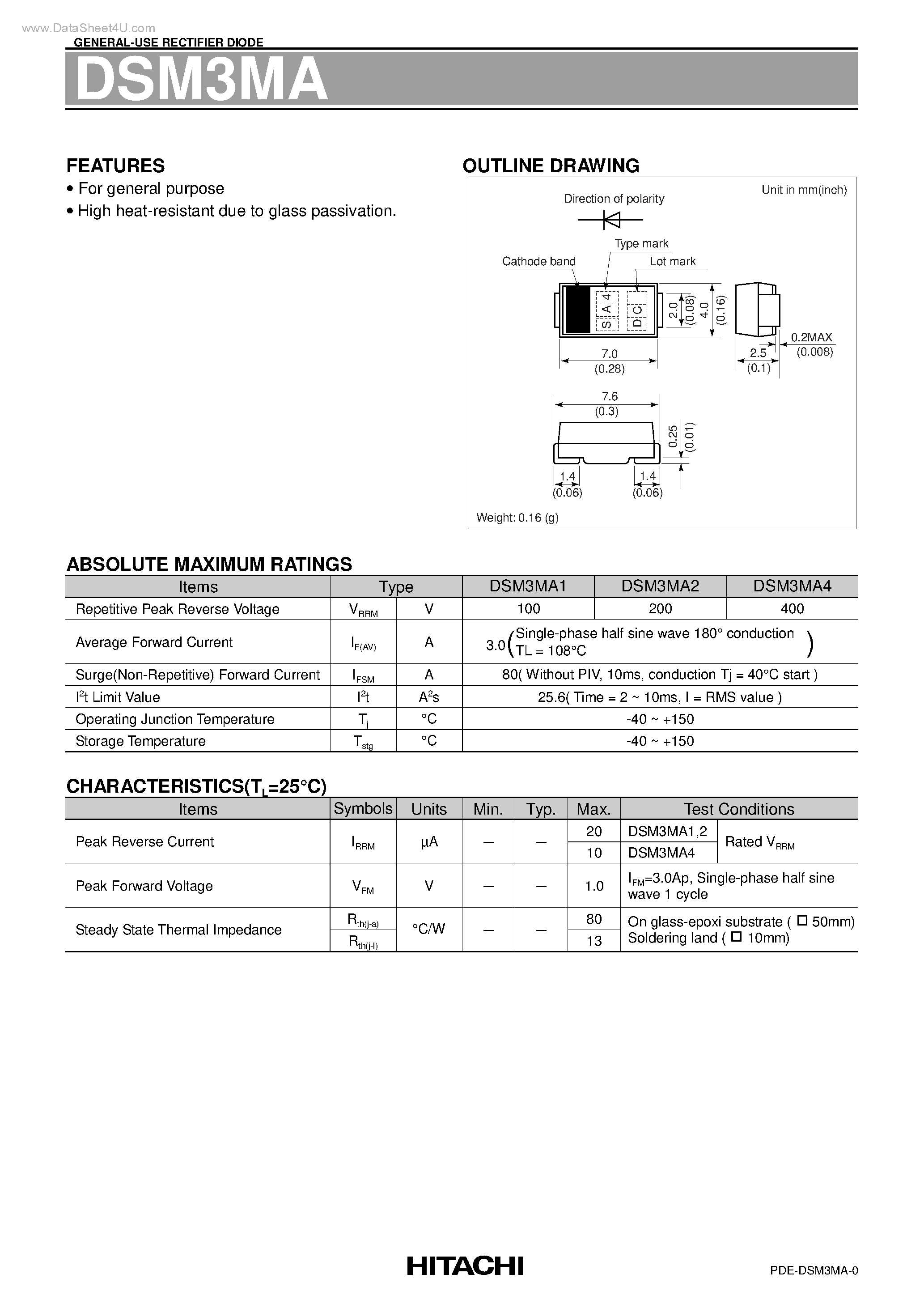 Datasheet DSM3MA page 1 Datasheet DSM3MA - GENERAL-USE RECTIFIER DIODE page 1