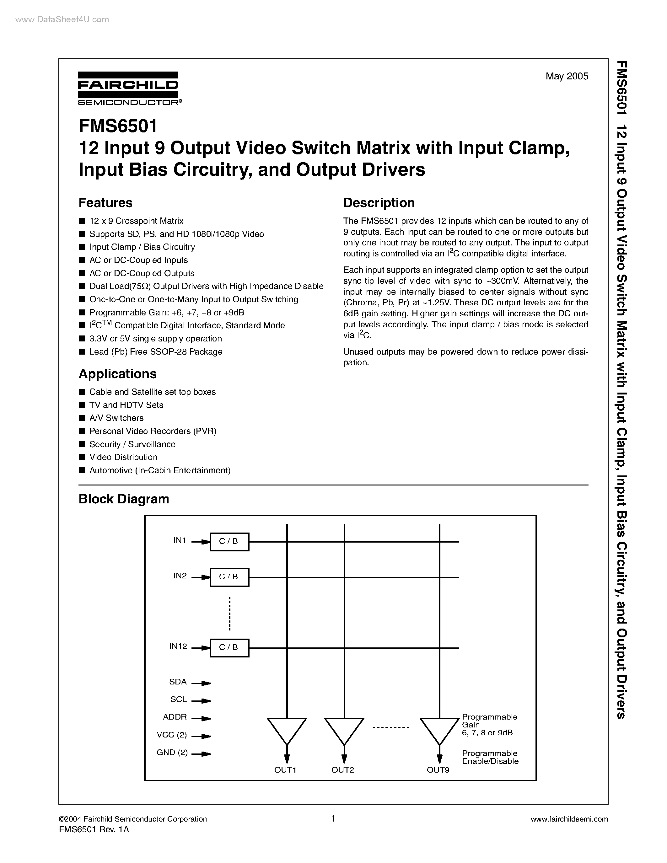 Даташит FMS6501 - 12 Input 9 Output Video Switch Matrix страница 1