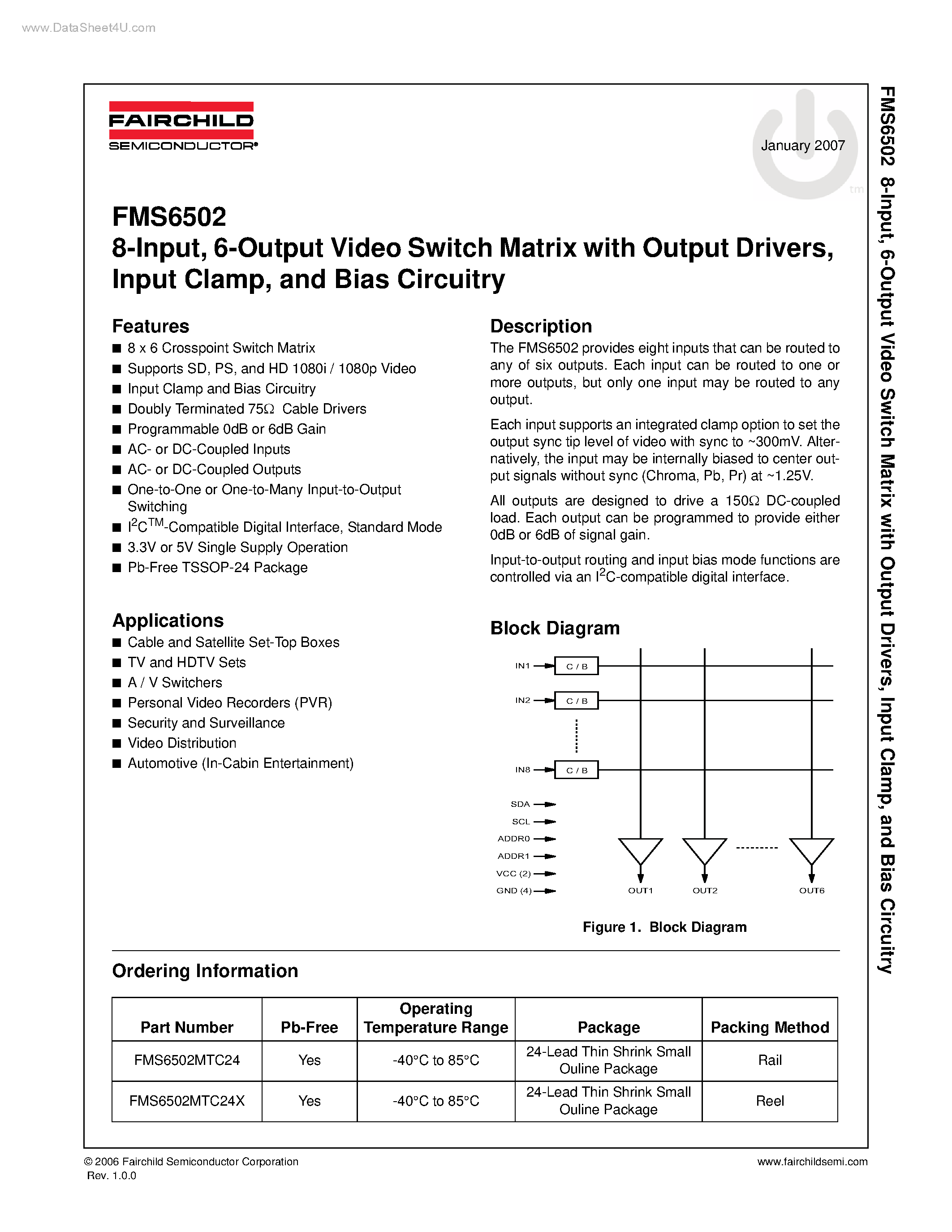 Datasheet FMS6502 - 8-Input 6-Output Video Switch Matrix page 1