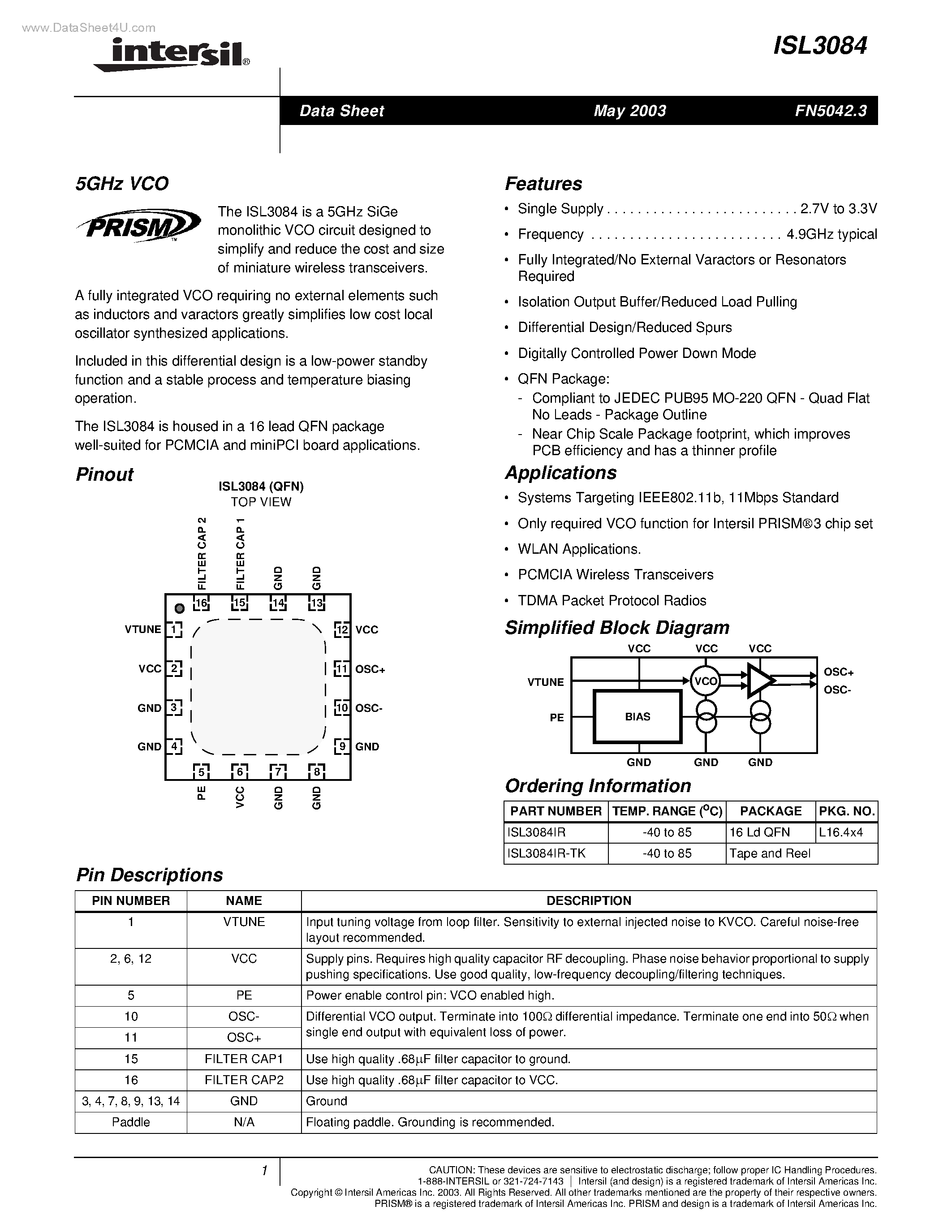 Даташит ISL3084 - VCO страница 1