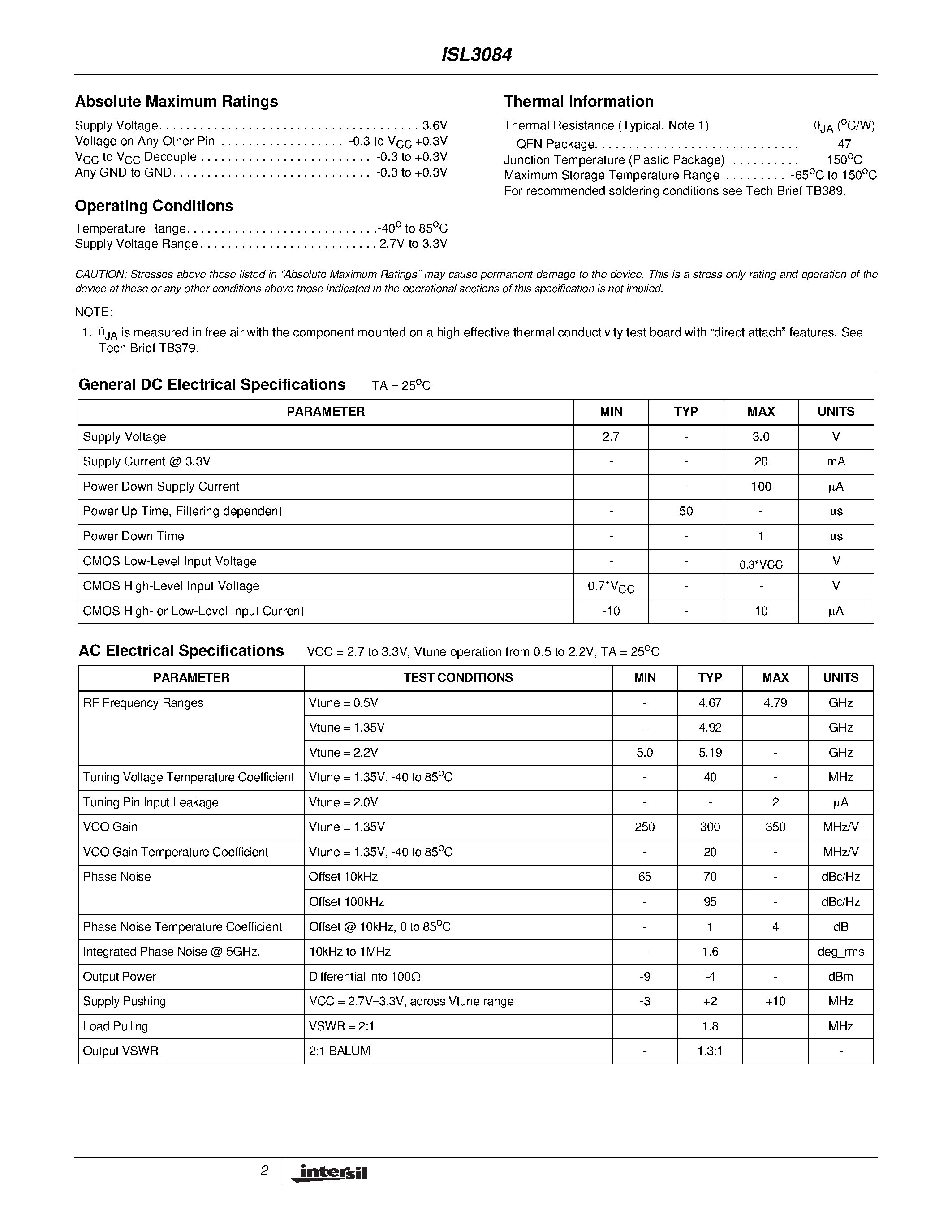 Даташит ISL3084 - VCO страница 2