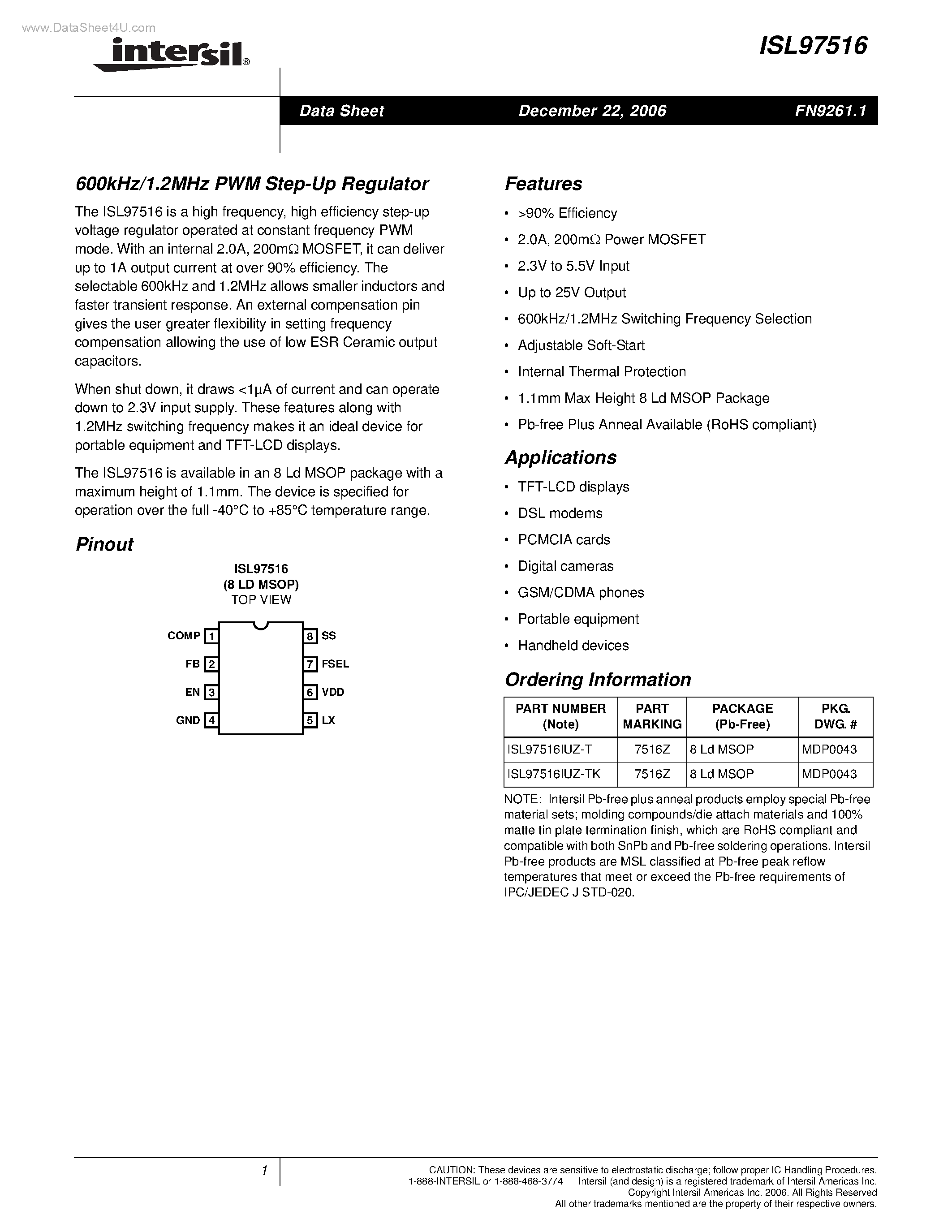 Datasheet ISL97516 page 1 Datasheet ISL97516 - PWM Step-Up Regulator page 1