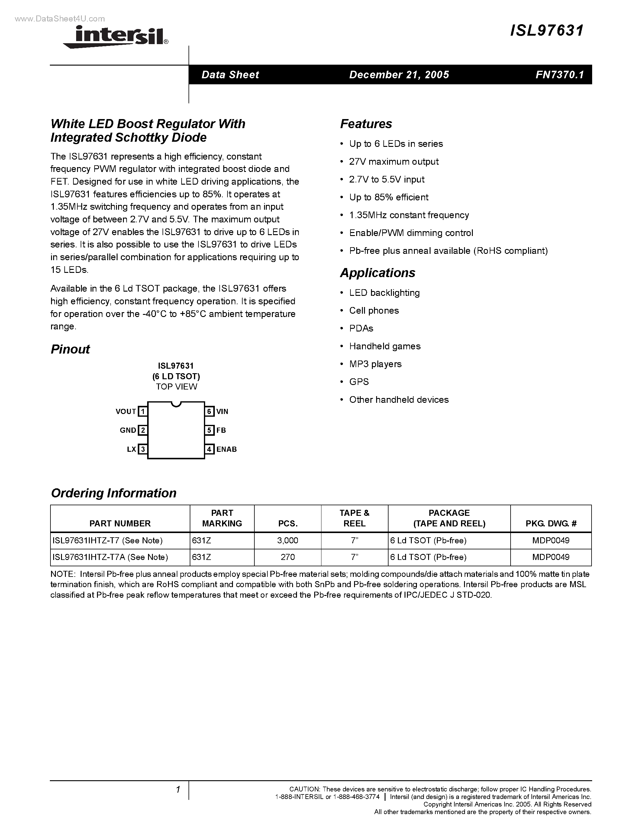 Datasheet ISL97631 page 1 Datasheet ISL97631 - White LED Boost Regulator page 1