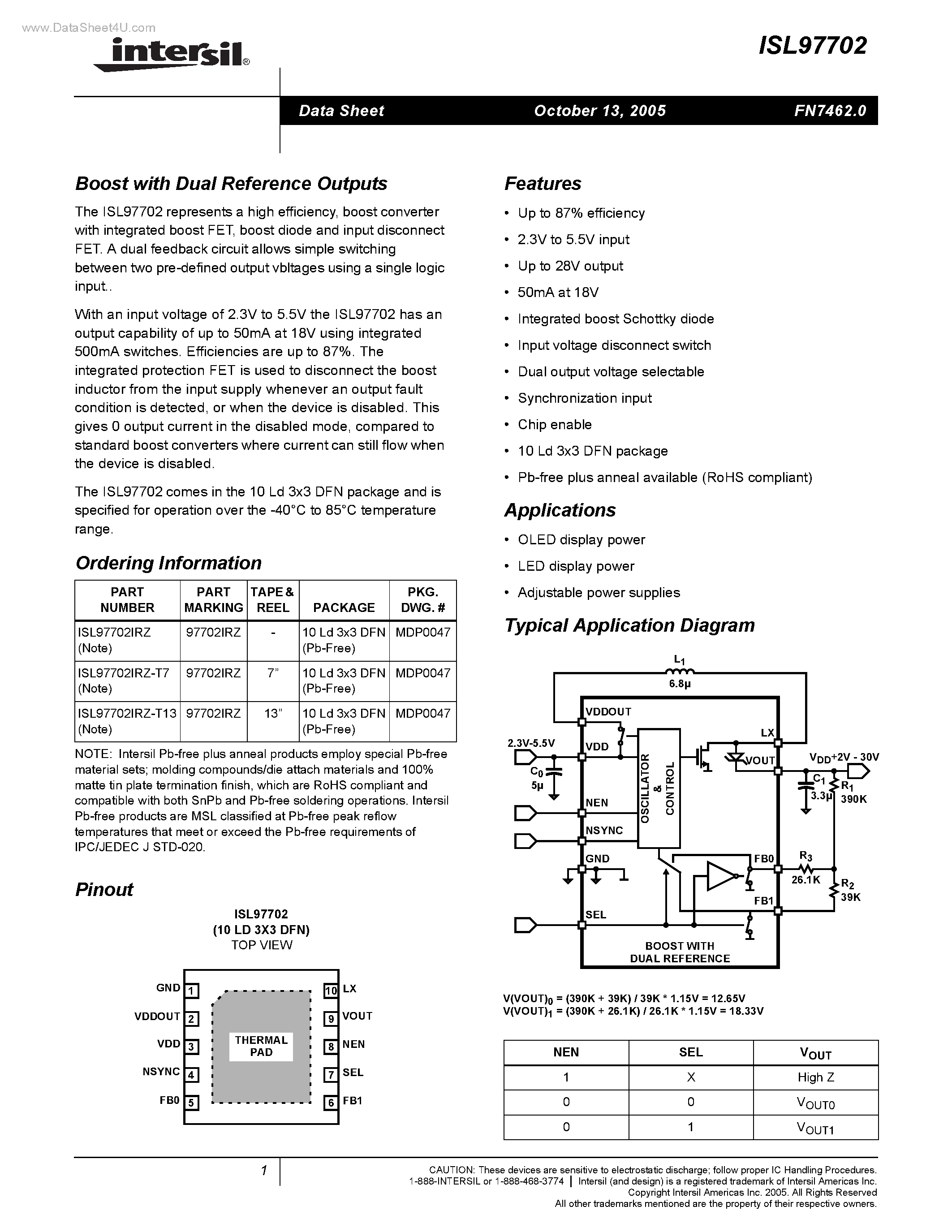 Datasheet ISL97702 page 1 Datasheet ISL97702 - Boost page 1