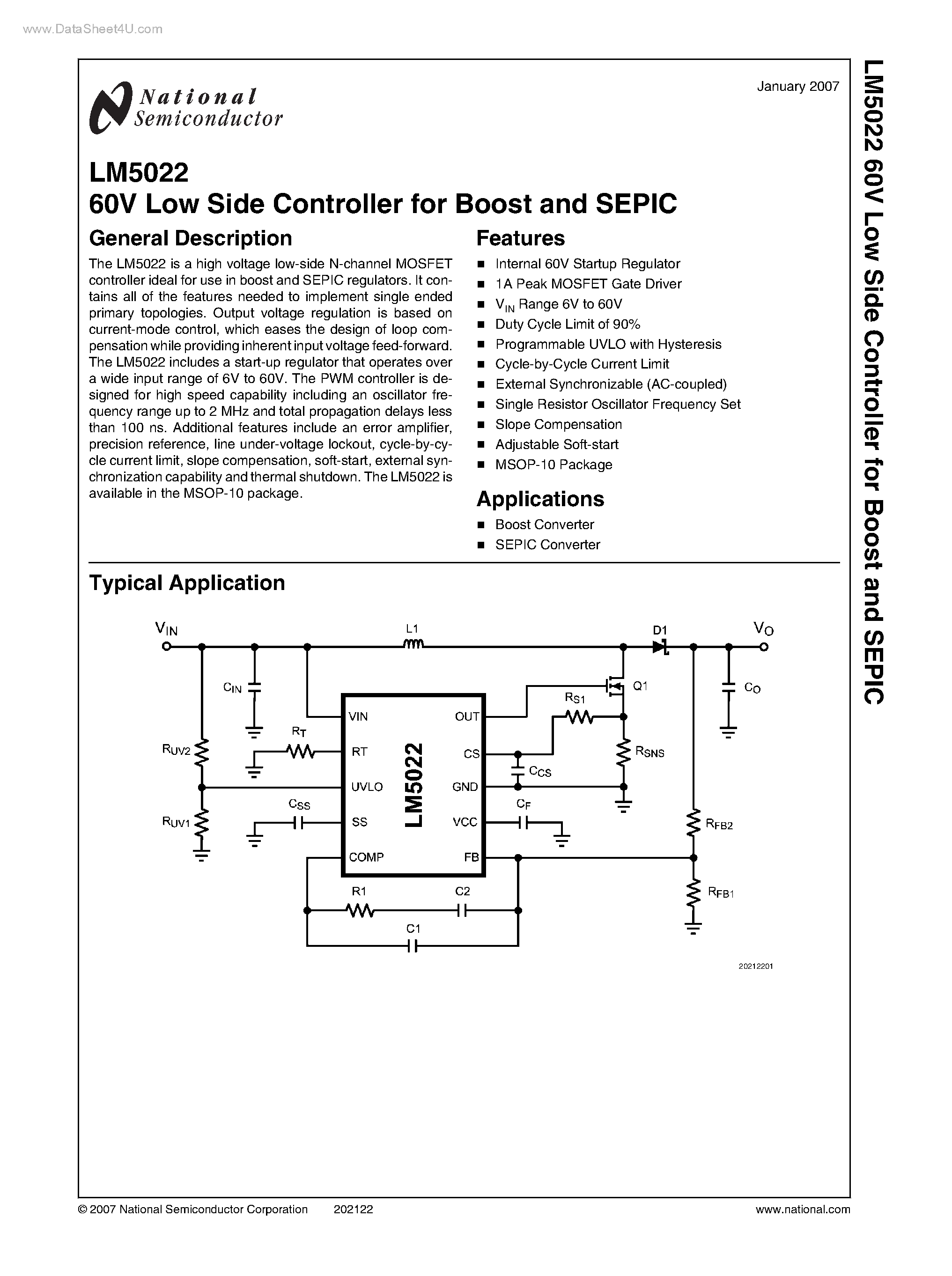 Даташит LM5022 - 60V Low Side Controller страница 1