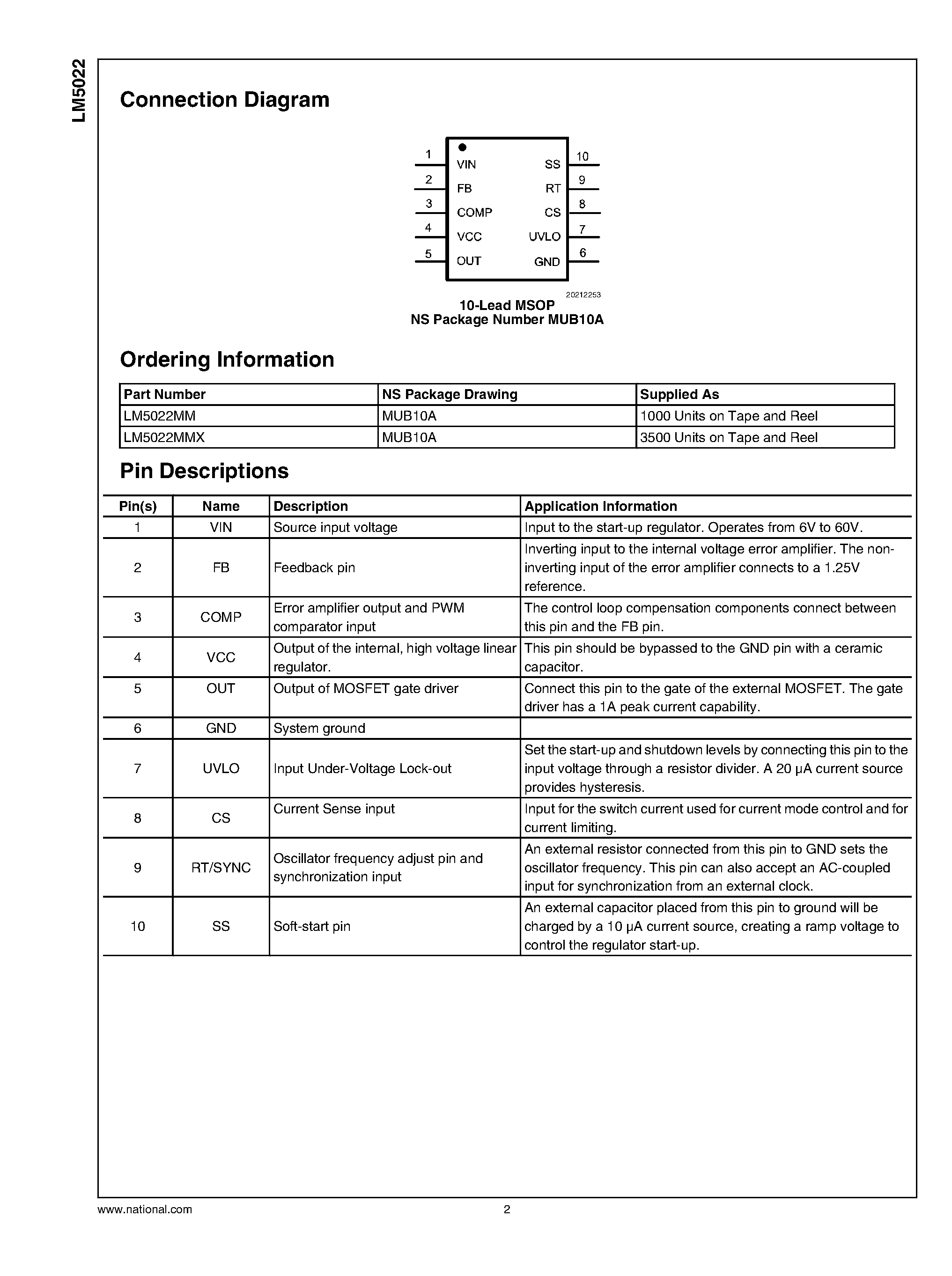 Даташит LM5022 - 60V Low Side Controller страница 2