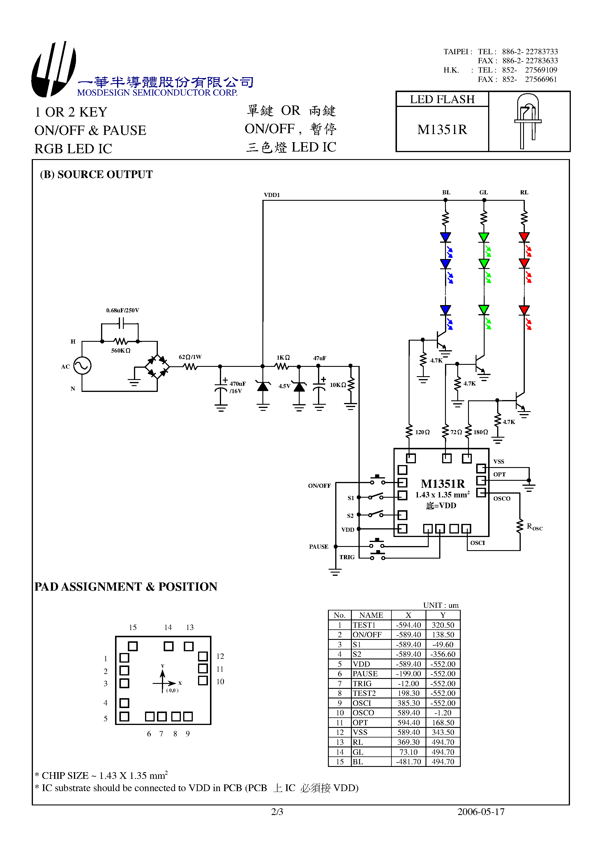 Даташит M1351R - 1 OR 2 KEY ON/OFF AND PAUSE RGB LED IC страница 2