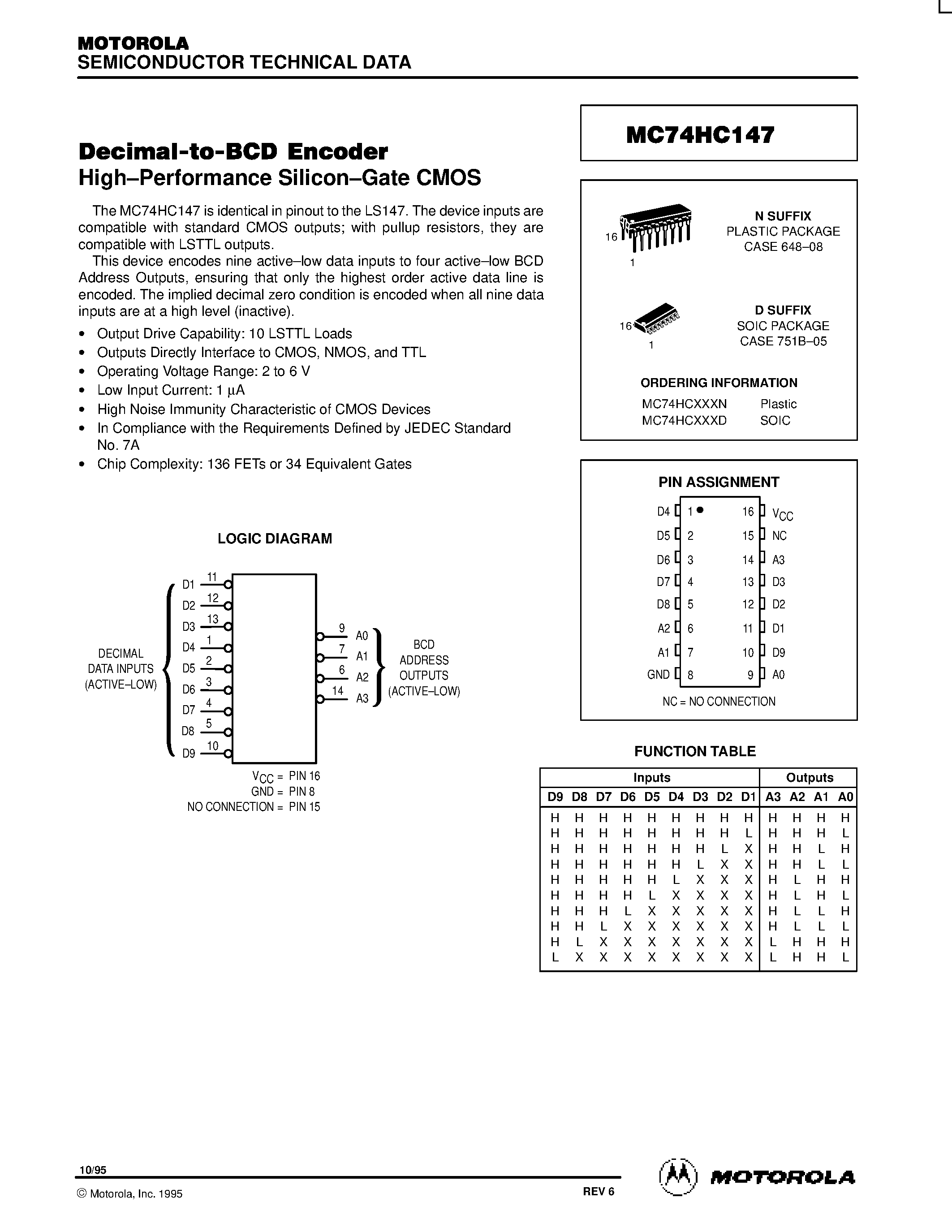 Даташит MC74HC147 - Decimal-to-BCD Encoder High-Performance Silicon-Gate CMOS страница 1