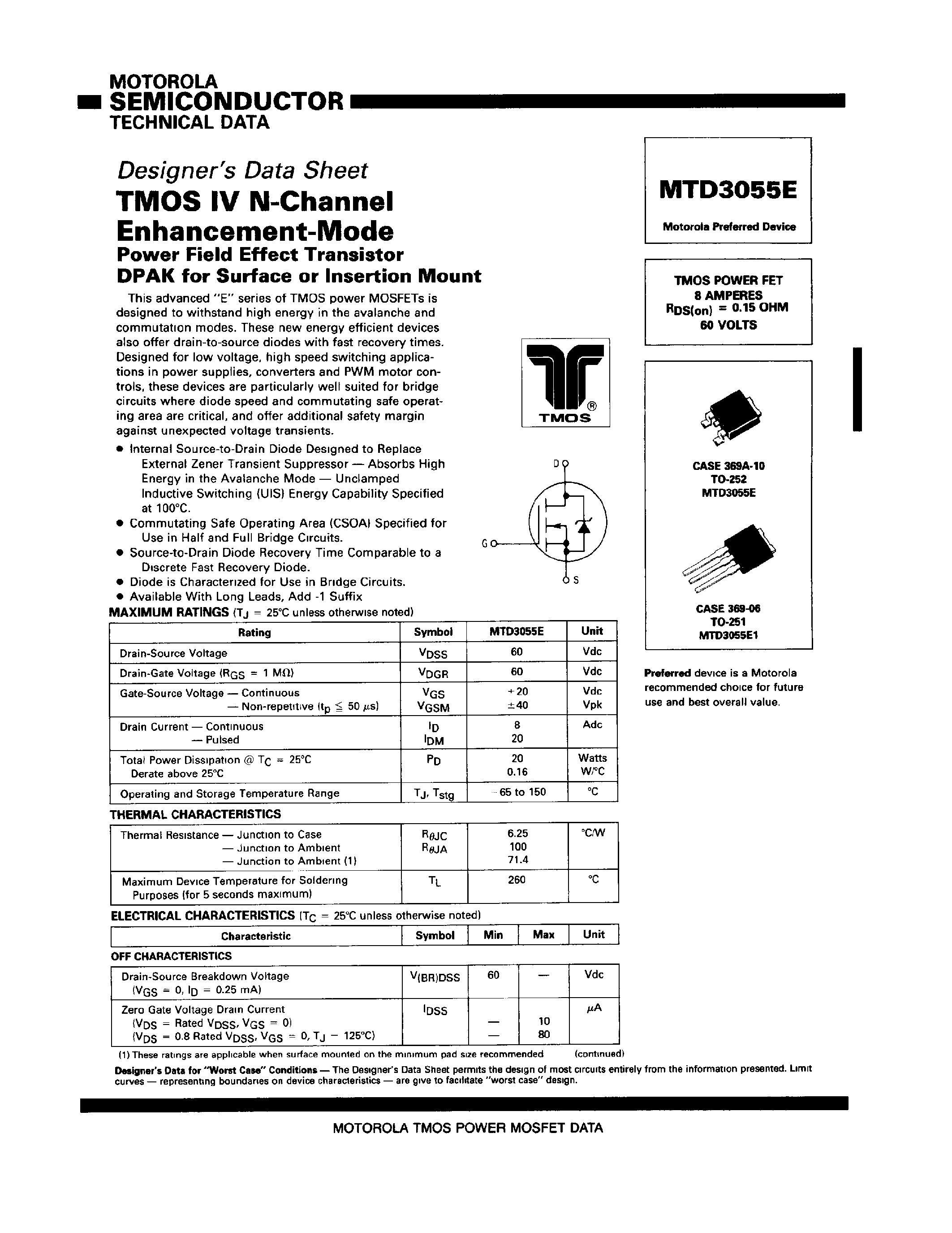 Datasheet MTD3055E - TMOS IV N-Channel Enhancement-Mode Power Field Effect Transistor DPAK page 1