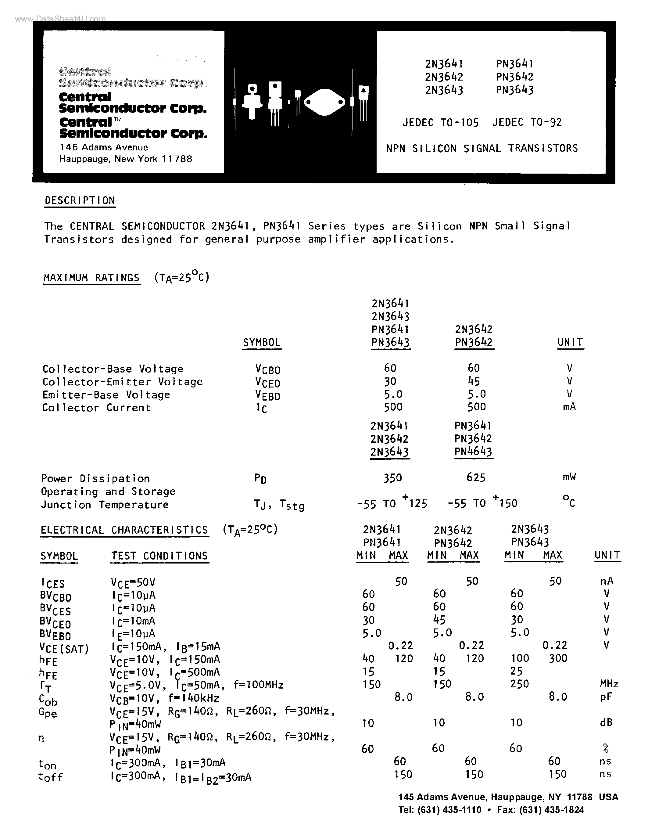 Datasheet PN3641 - (PN3641 - PN3643) NPN SILICON SIGNAL TRANSISTORS page 1