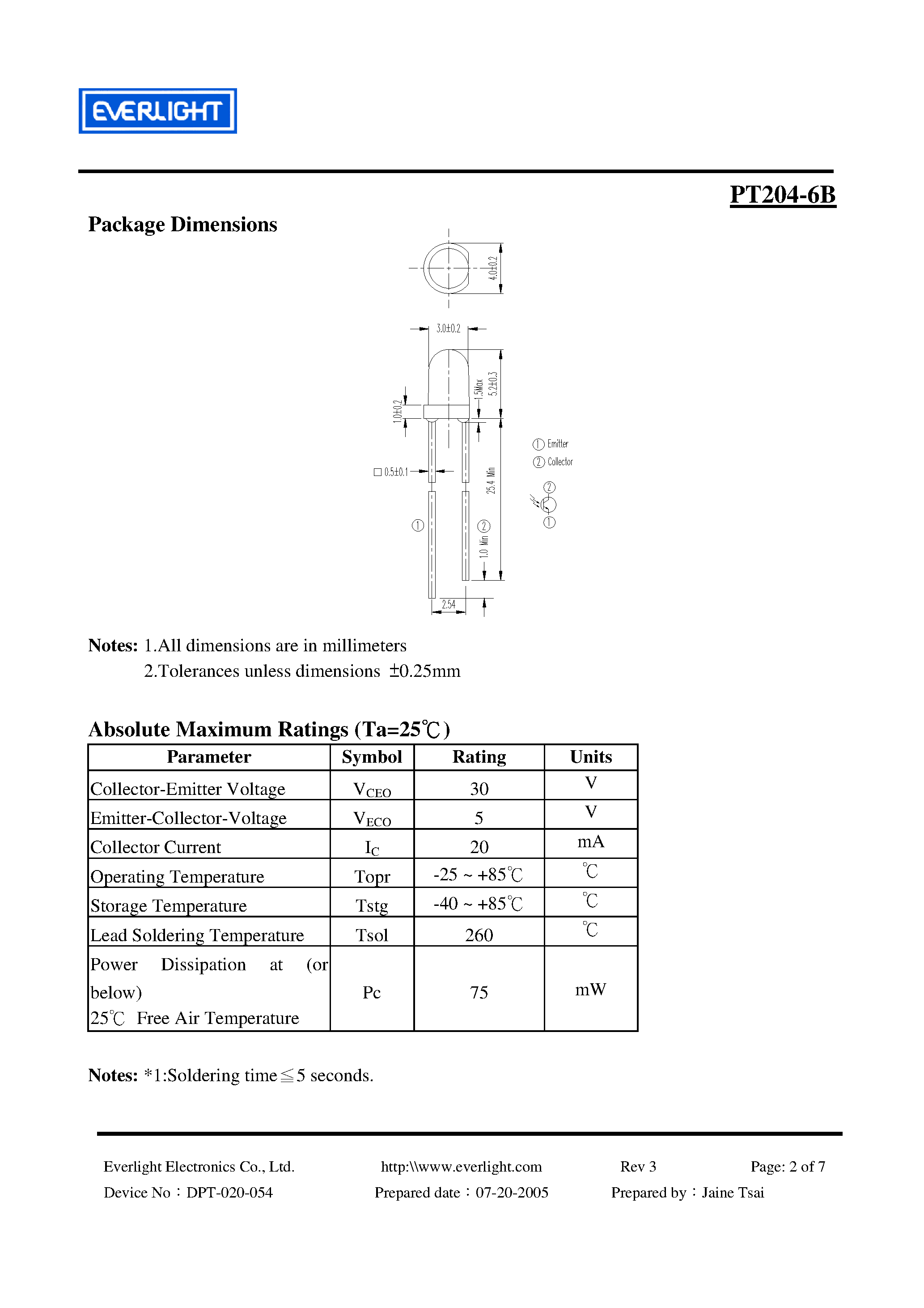 Datasheet PT204-6B - 3mm Phototransistor T-1 page 2