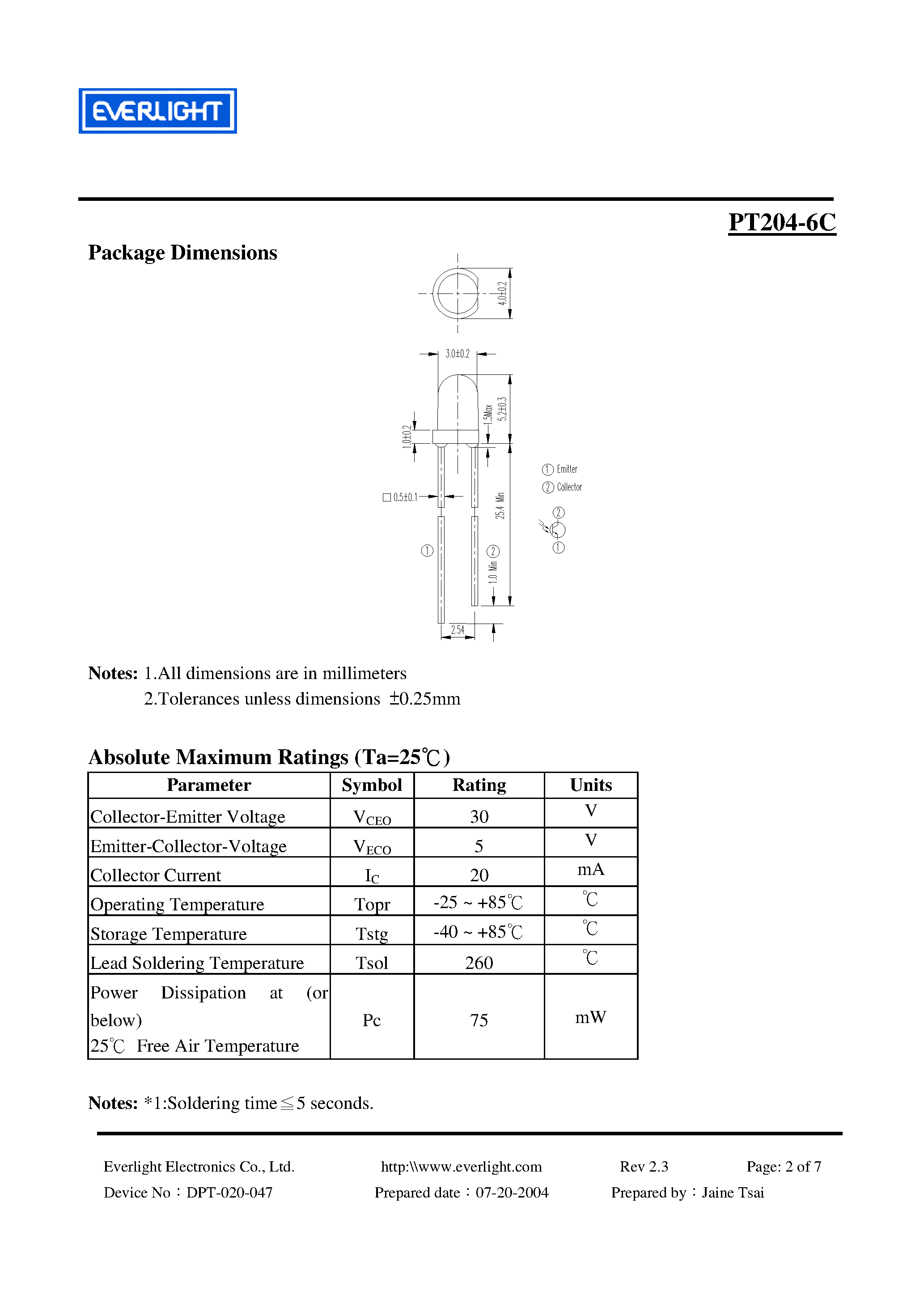 Datasheet PT204-6C - 3mm Phototransistor T-1 page 2