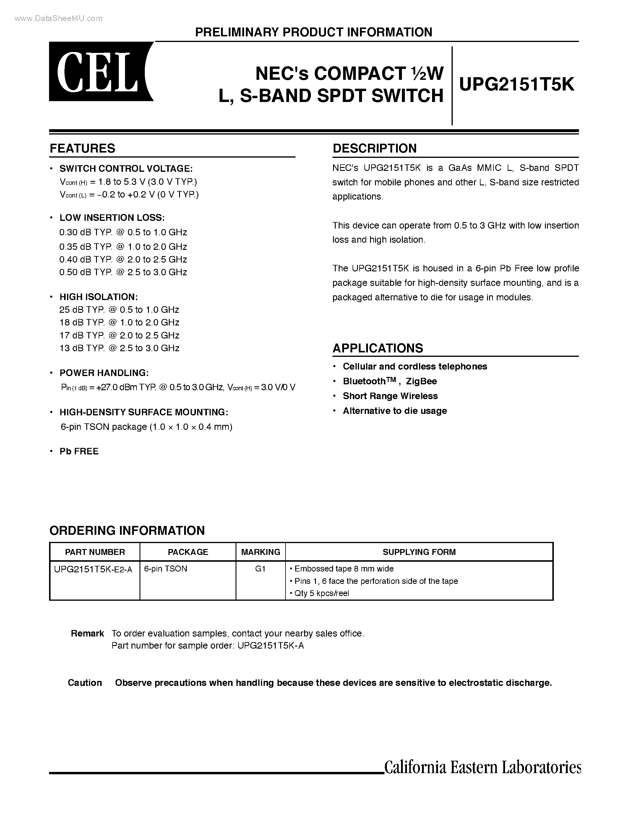 Datasheet UPG2151T5K - S-BAND SPDT SWITCH page 1