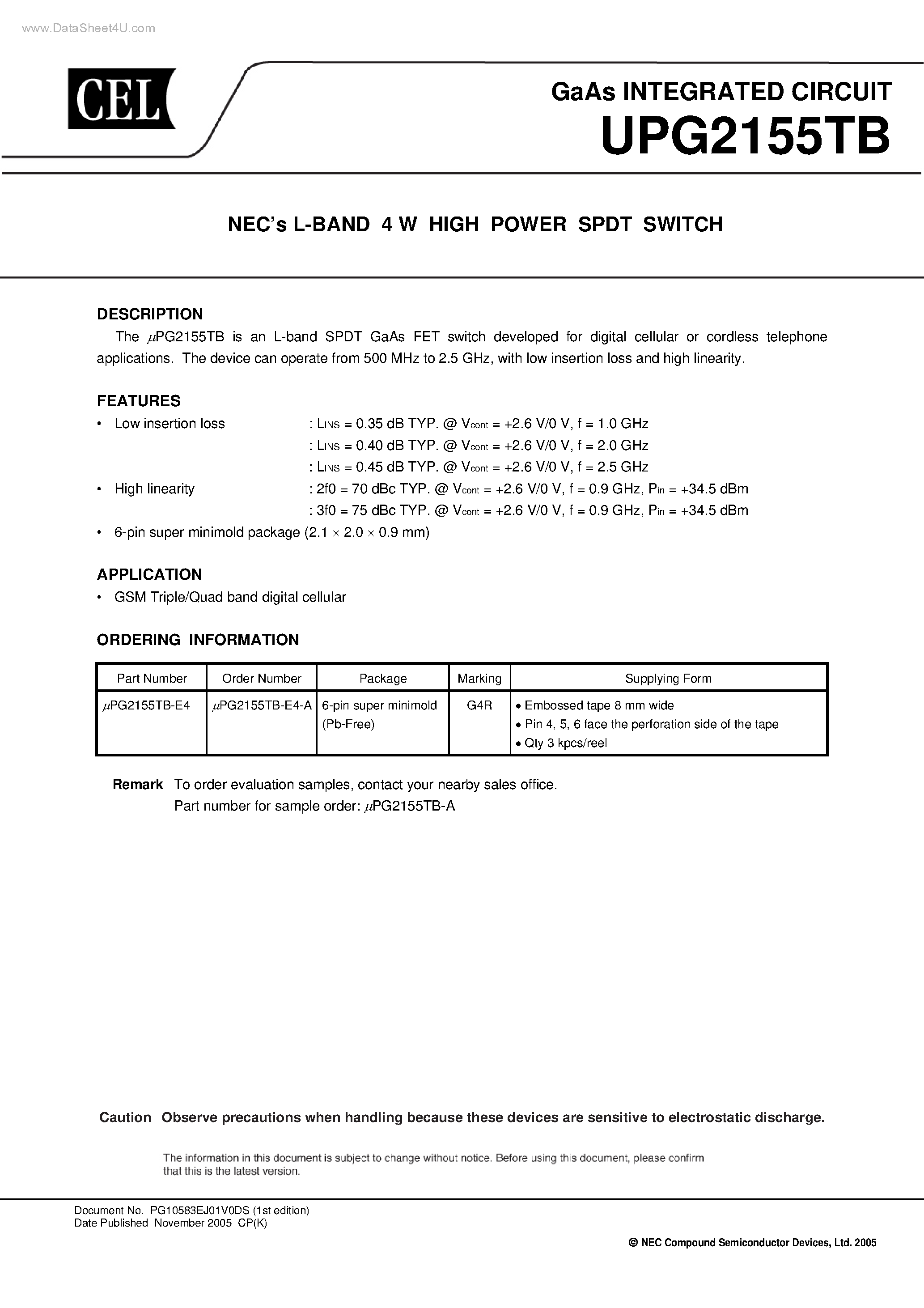 Даташит UPG2155TB - L-BAND 4 W HIGH POWER SPDT SWITCH страница 1