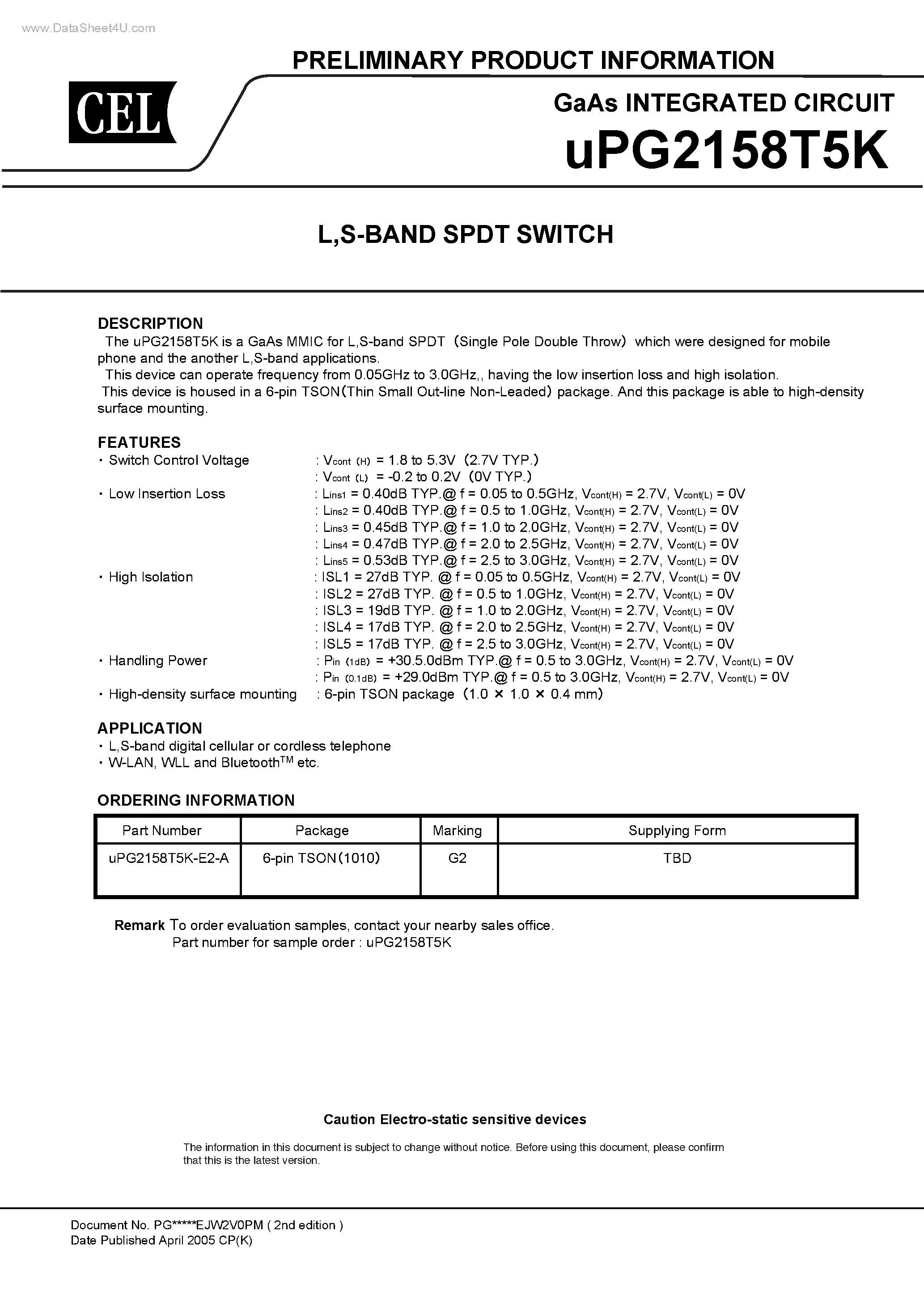 Datasheet UPG2158T5K - SPDT SWITCH page 1