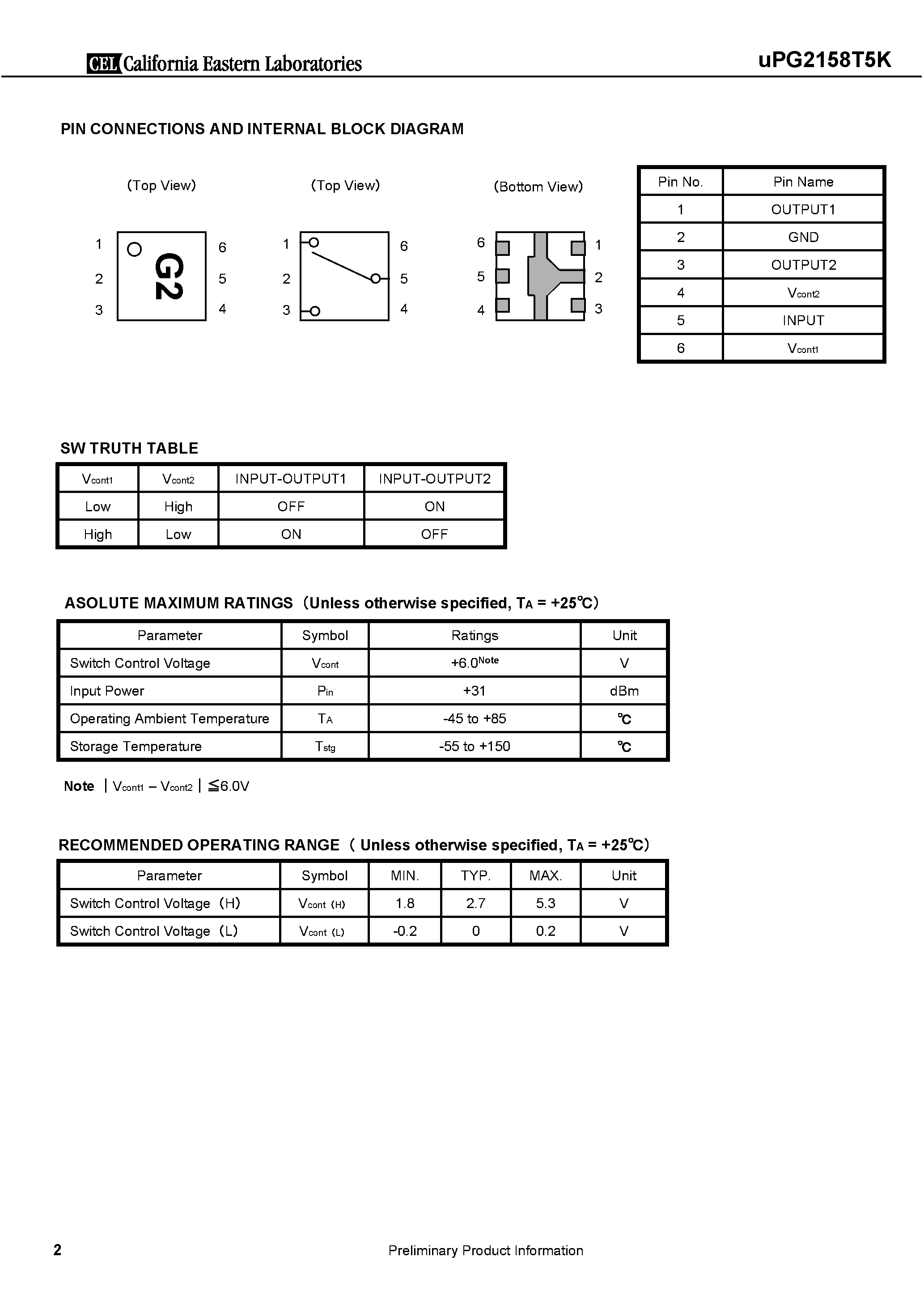 Datasheet UPG2158T5K - SPDT SWITCH page 2
