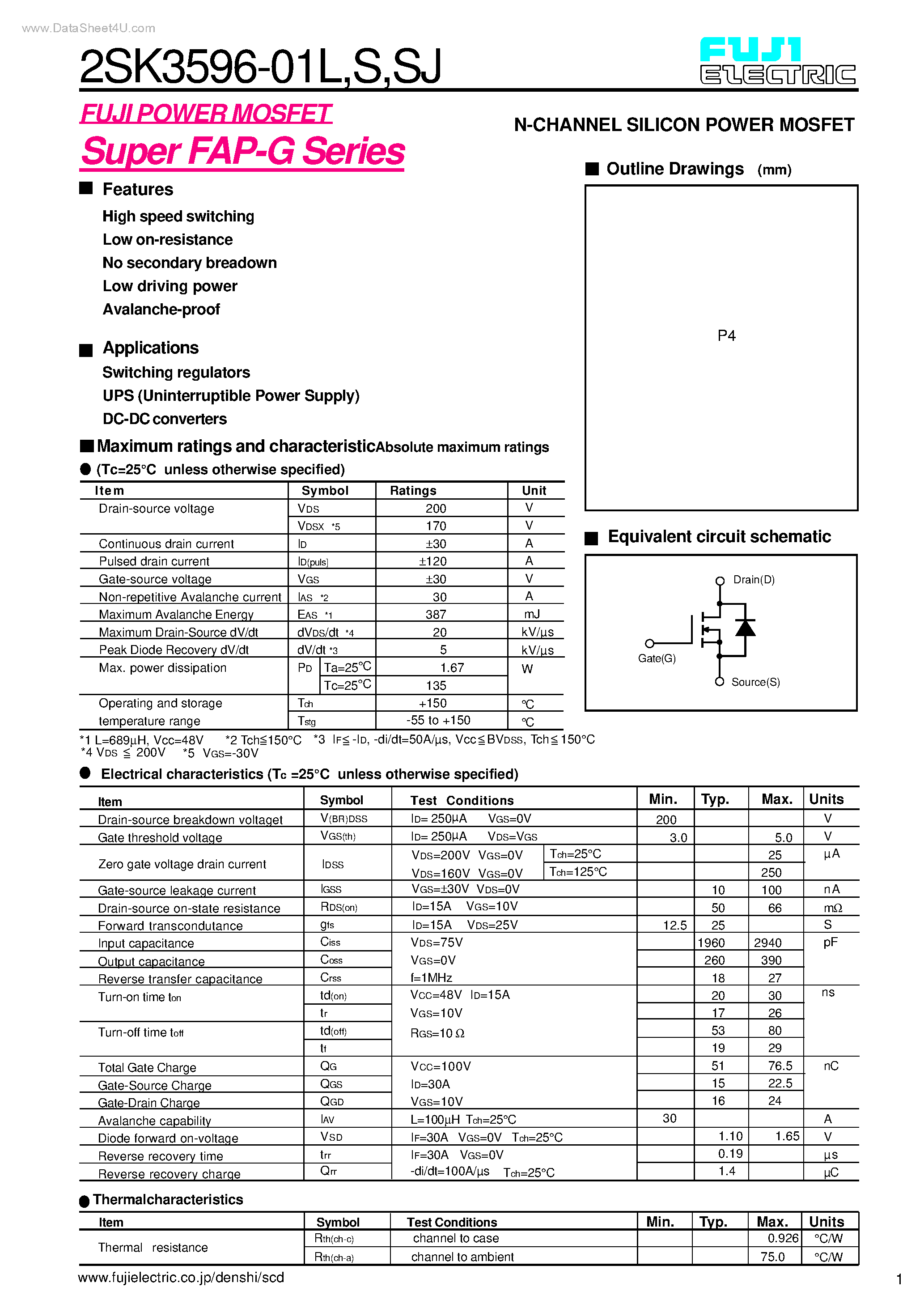 Даташит 2SK3596-01L - (2SK3596-01x) N-CHANNEL SILICON POWER MOSFET страница 1