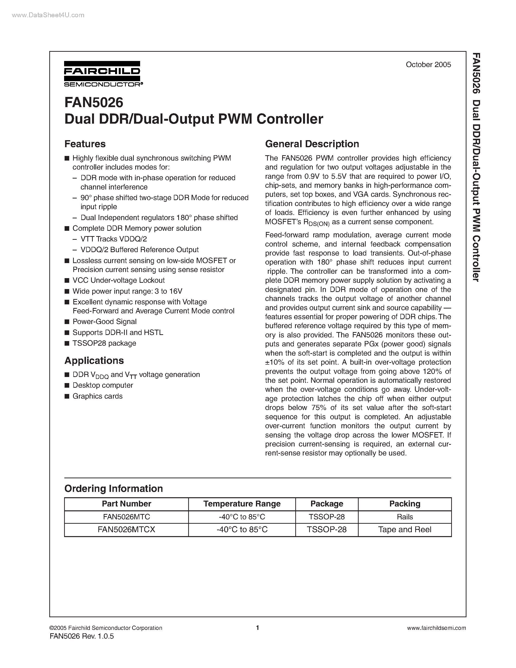 Datasheet FAN5026 - Dual DDR/Dual-output PWM Controller page 1