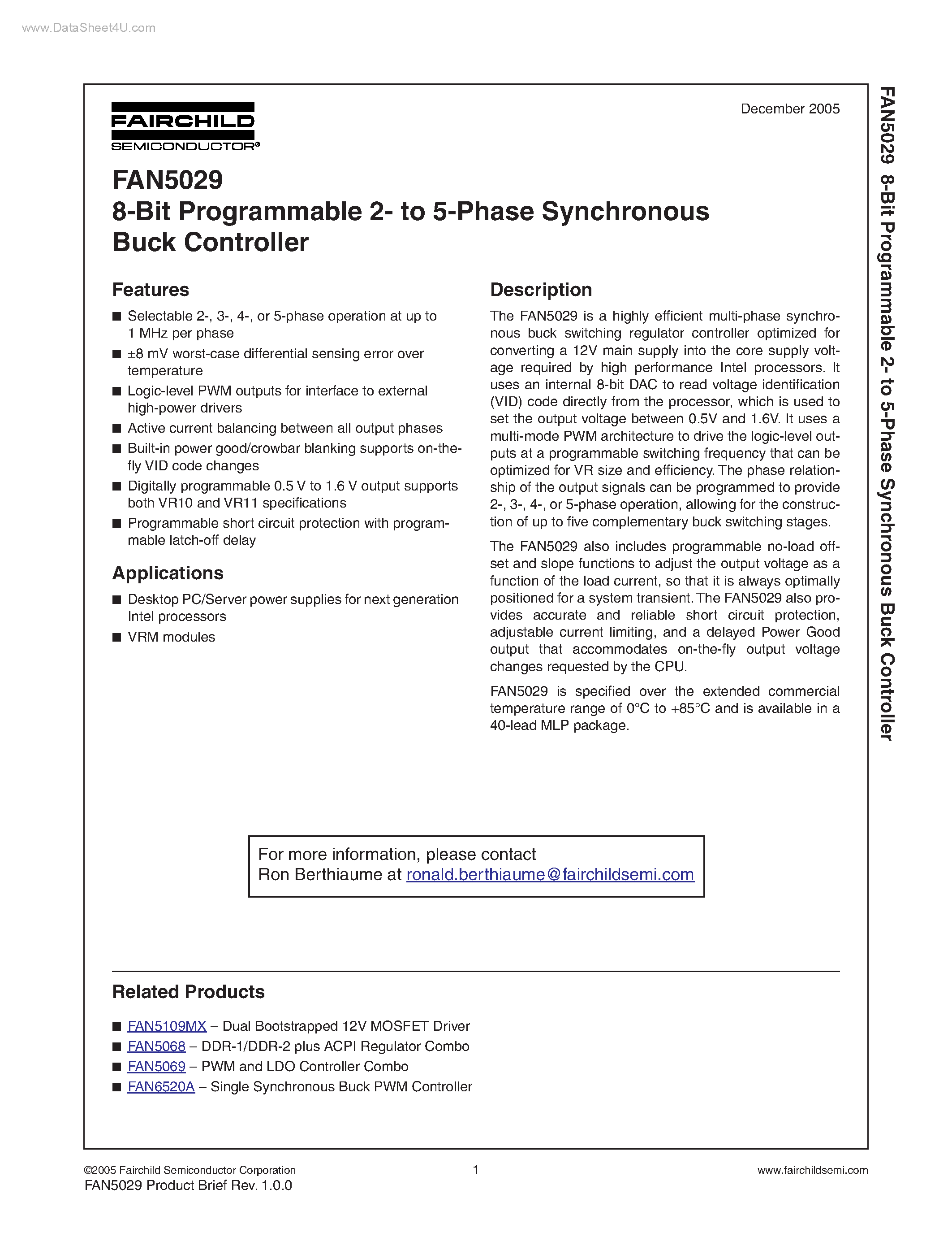 Datasheet FAN5029 - 8-Bit Programmable 2- to 5-Phase Synchronous Buck Controller page 1