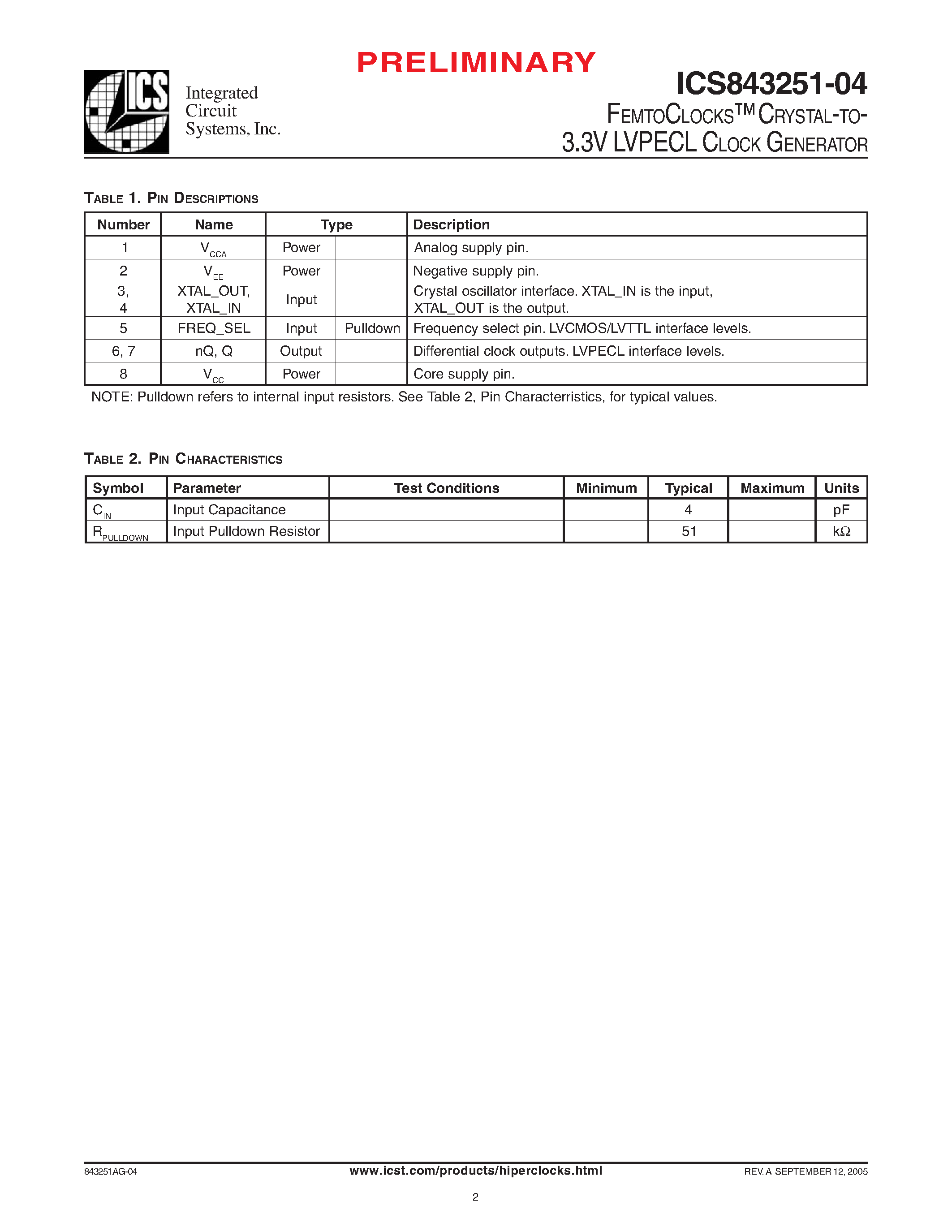 Даташит ICS843251-04 - CRYSTAL-TO-3.3V LVPECL CLOCK GENERATOR страница 2
