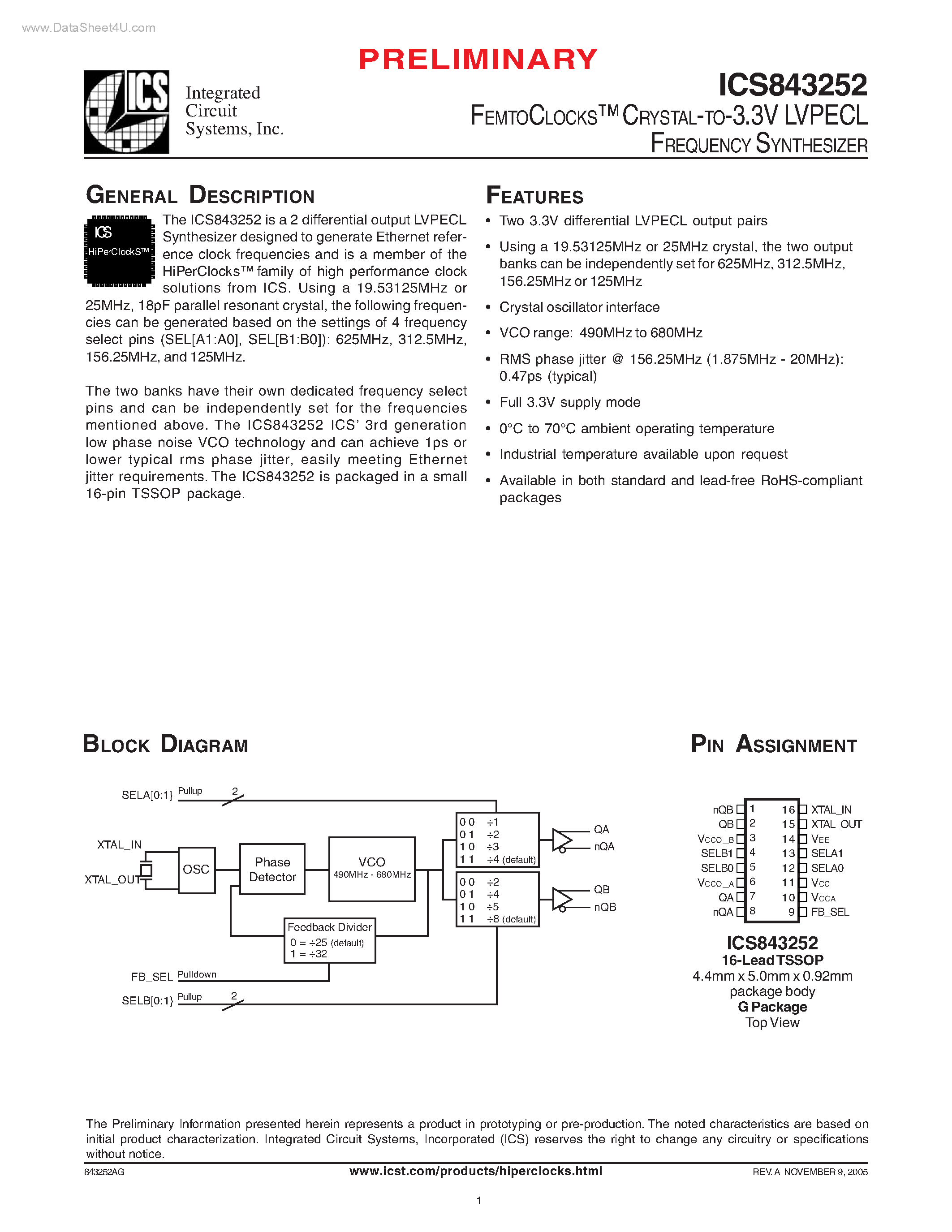 Даташит ICS843252 - CRYSTAL-TO-3.3V LVPECL FREQUENCY SYNTHESIZER страница 1