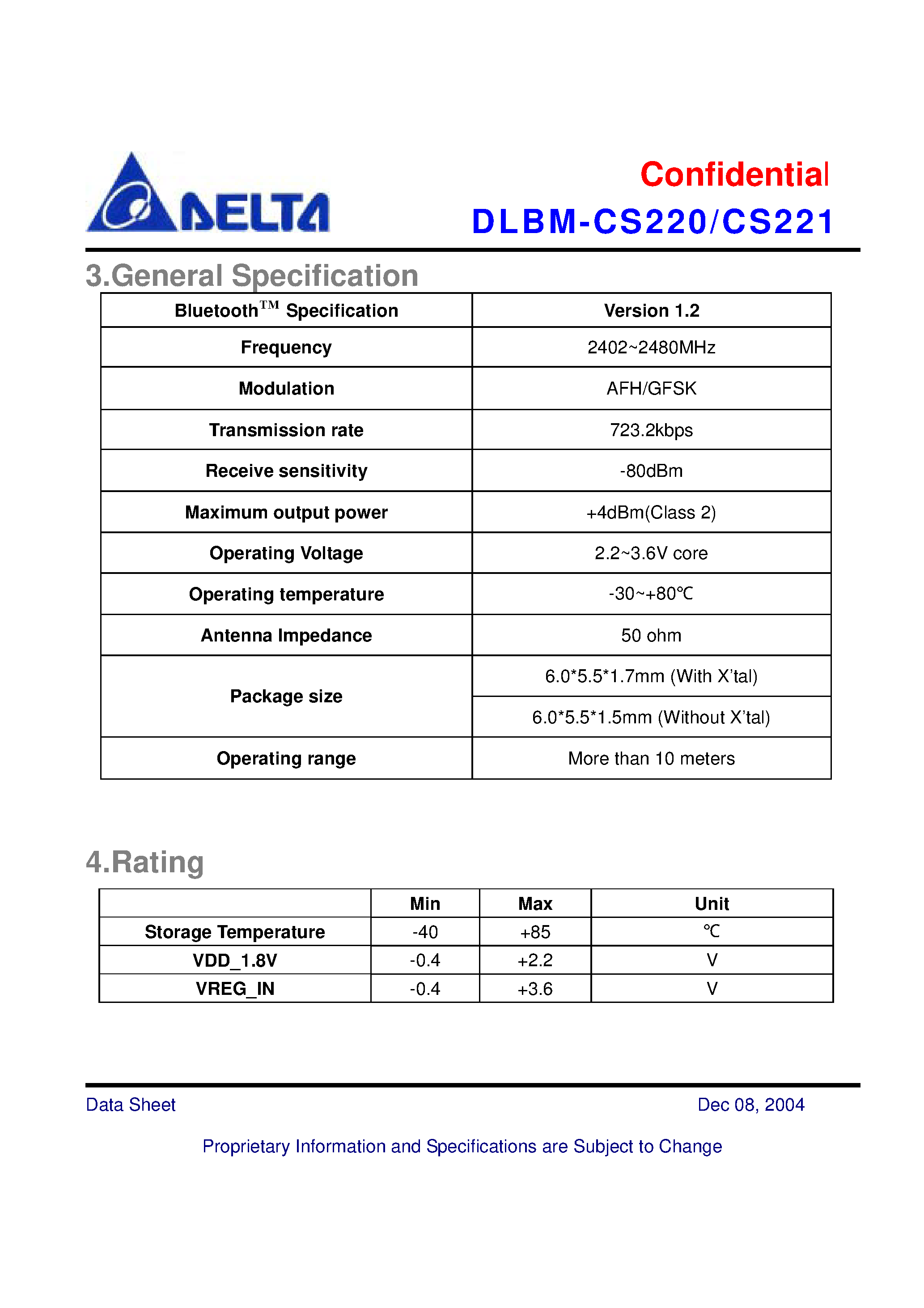 Datasheet DLBM-CS220 page 2 Datasheet DLBM-CS220 - (DLBM-CS220 / DLBM-CS221) A Class 2 Bluetooth V1.2 HCI module Suitable page 2