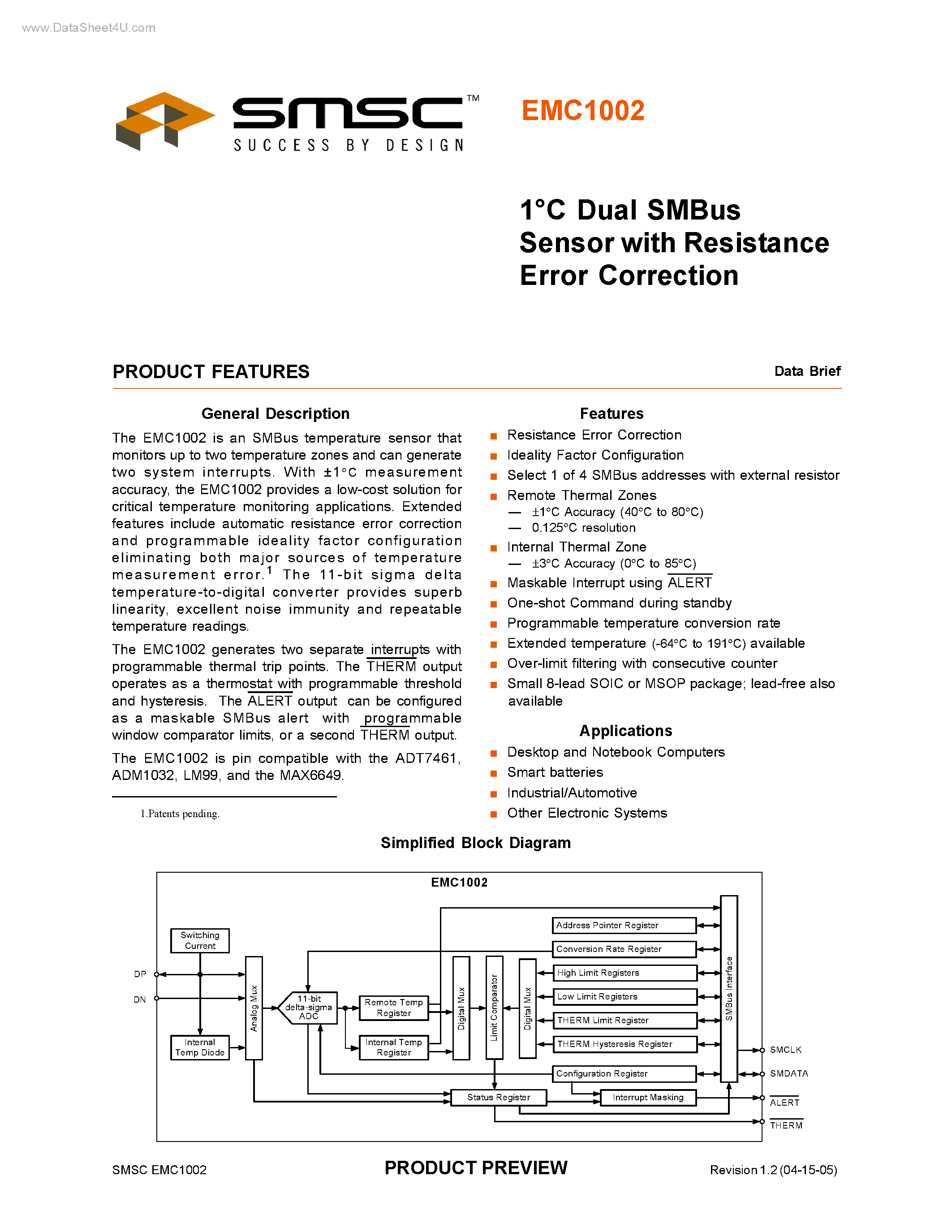 Datasheet EMC1002 - 1C Dual SmBus Sensor page 1
