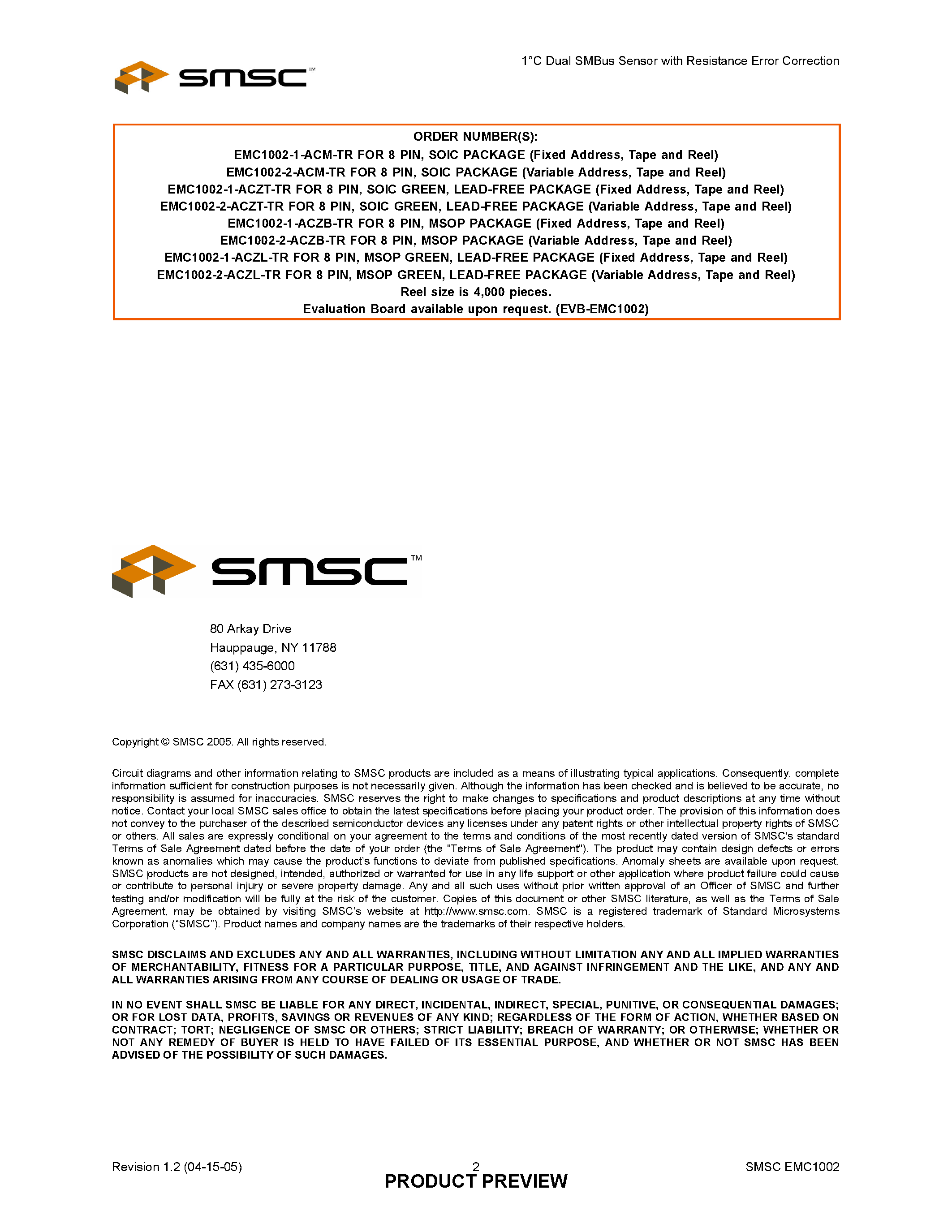 Datasheet EMC1002 - 1C Dual SmBus Sensor page 2