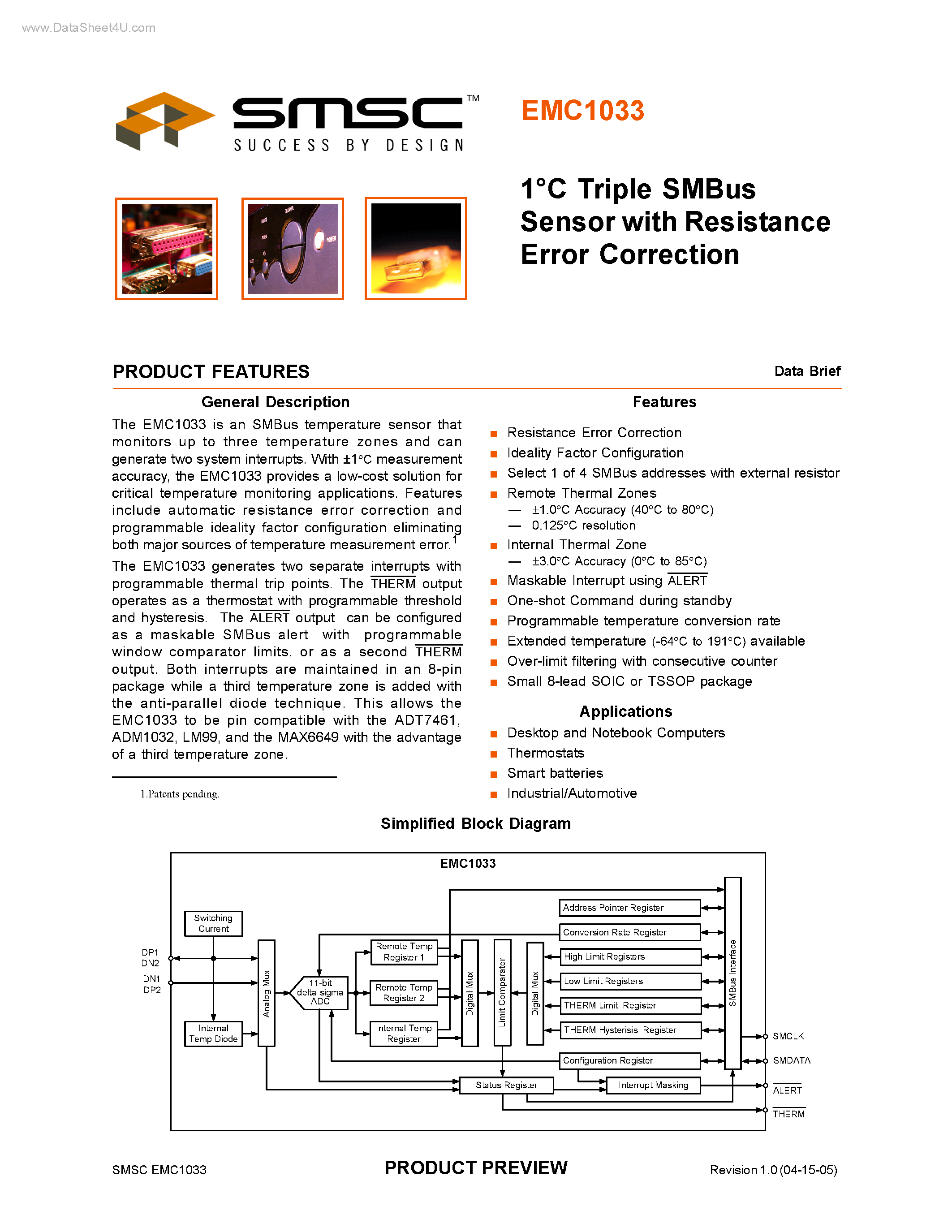 Datasheet EMC1033 - Triple SMBus Sensor page 1