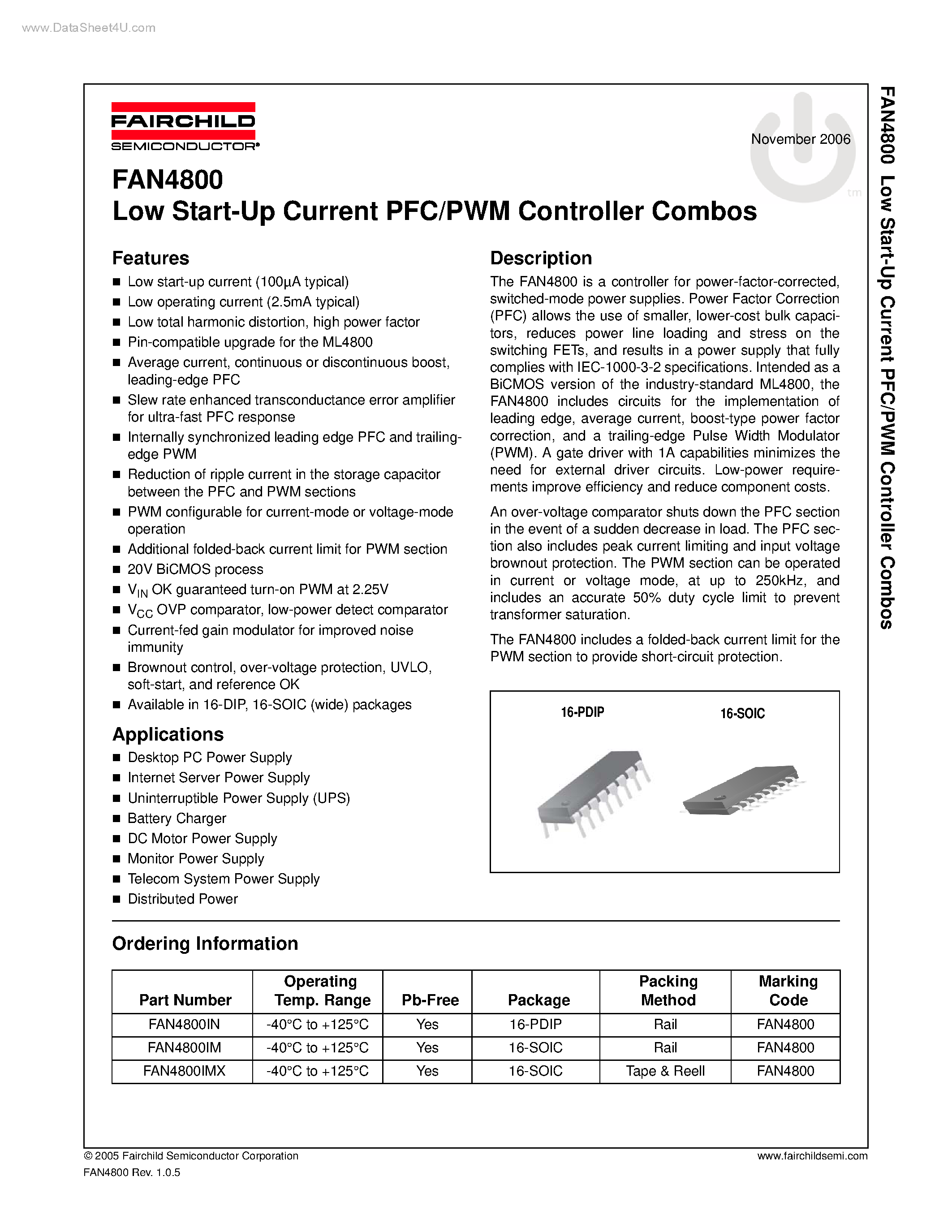 Datasheet FAN4800 - Low Start-Up Current PFC/PWM Controller Combos page 1