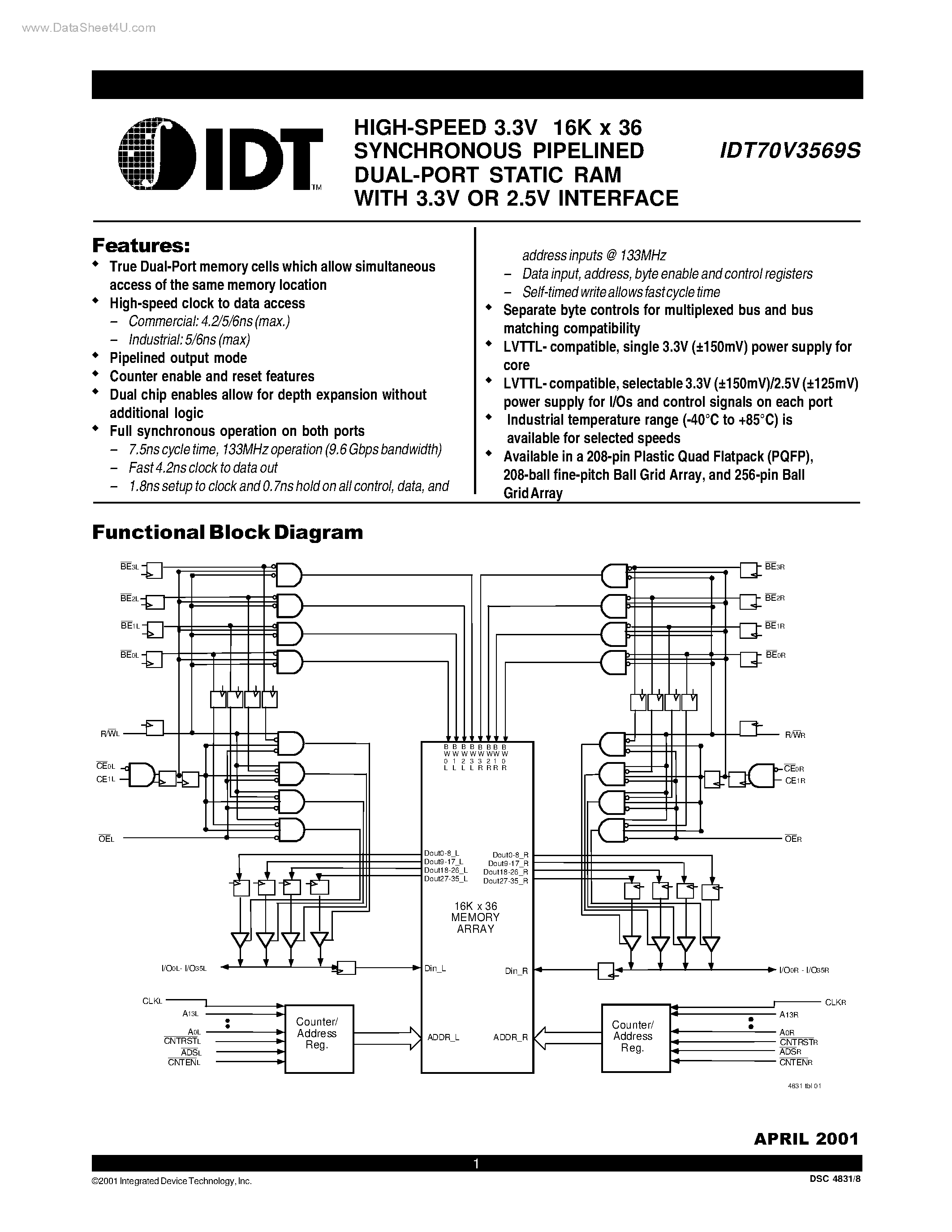 Datasheet IDT70V3569S - HIGH-SPEED 3.3V 16K x 36 SYNCHRONOUS PIPELINED DUAL-PORT STATIC RAM page 1