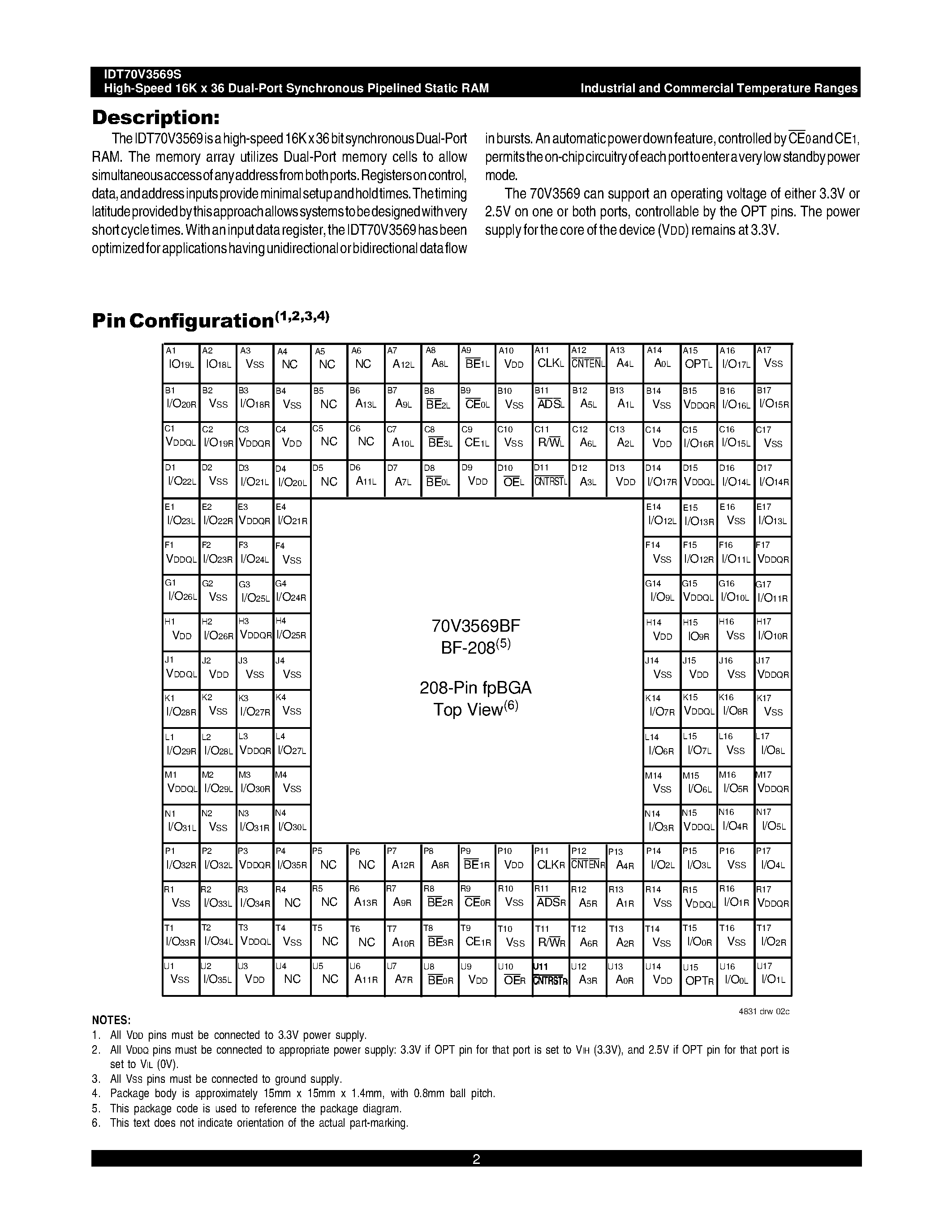 Datasheet IDT70V3569S - HIGH-SPEED 3.3V 16K x 36 SYNCHRONOUS PIPELINED DUAL-PORT STATIC RAM page 2