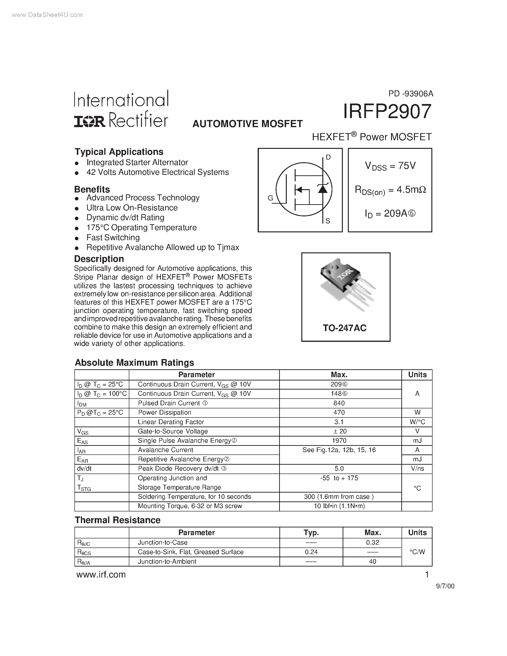 Datasheet IRFP2907 - Power MOSFET page 1