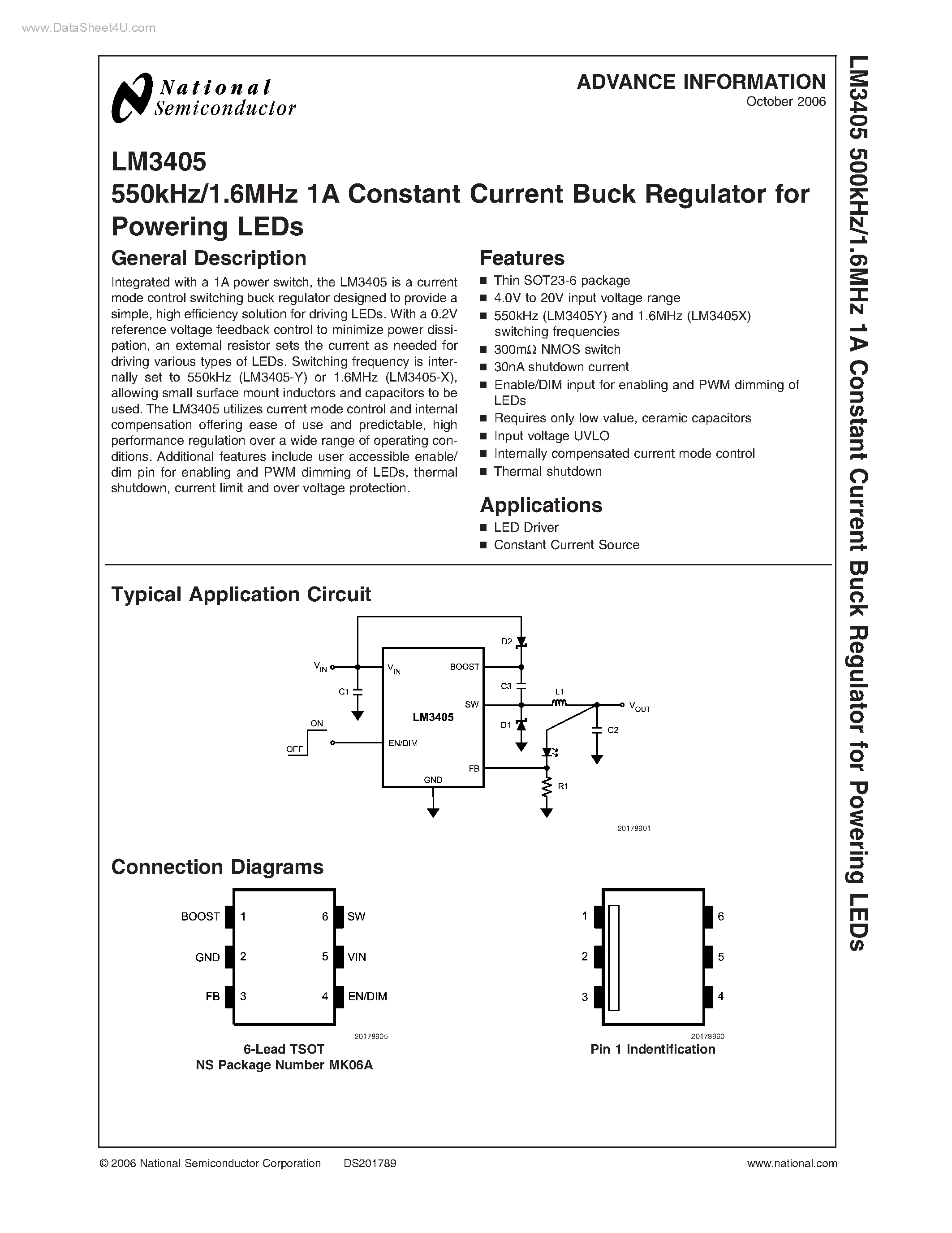 Даташит на микросхему LM3405 страница 1 Даташит LM3405 - 1A Constant Current Buck Regulator страница 1