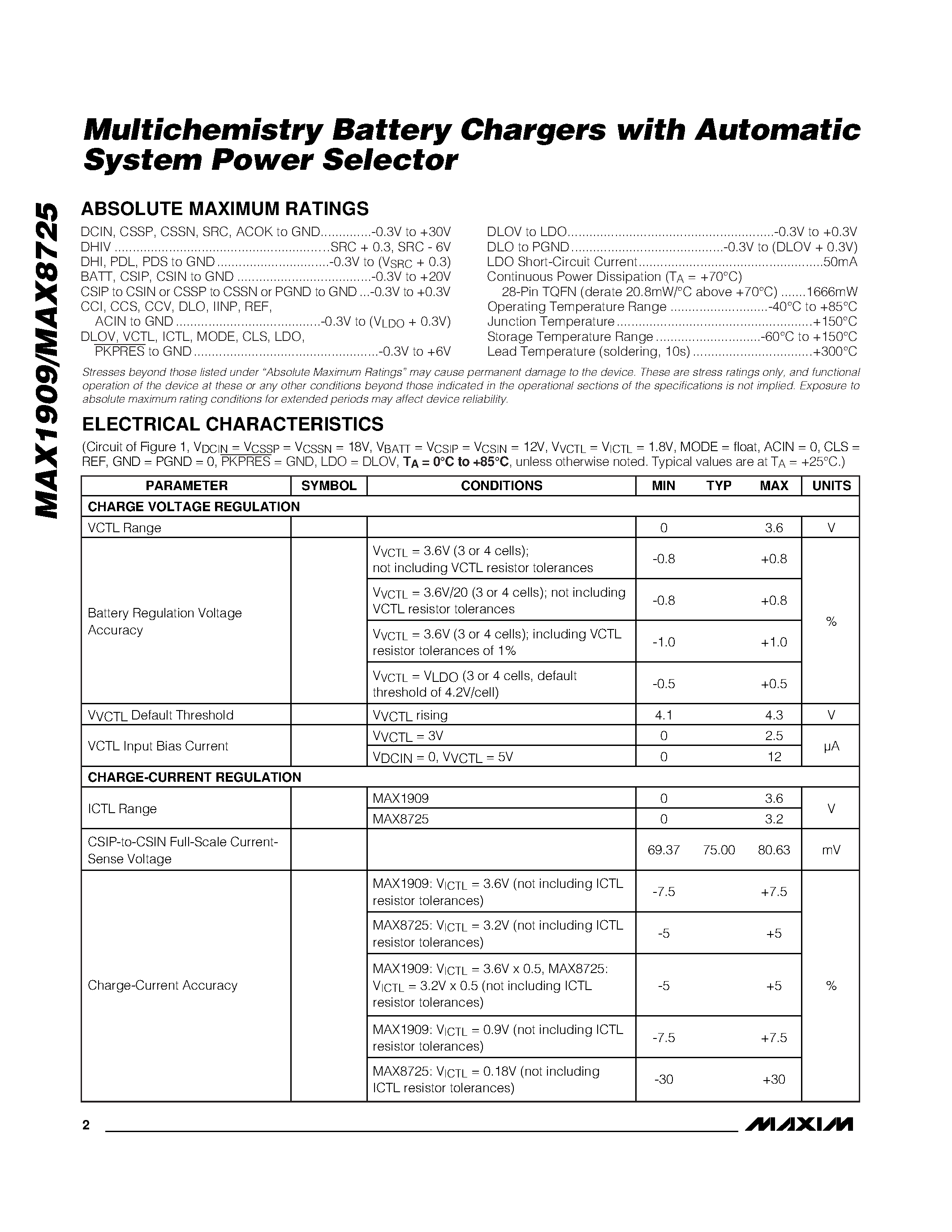 Datasheet MAX1909 - (MAX8725 / MAX1909) Multichemistry Battery Charger page 2