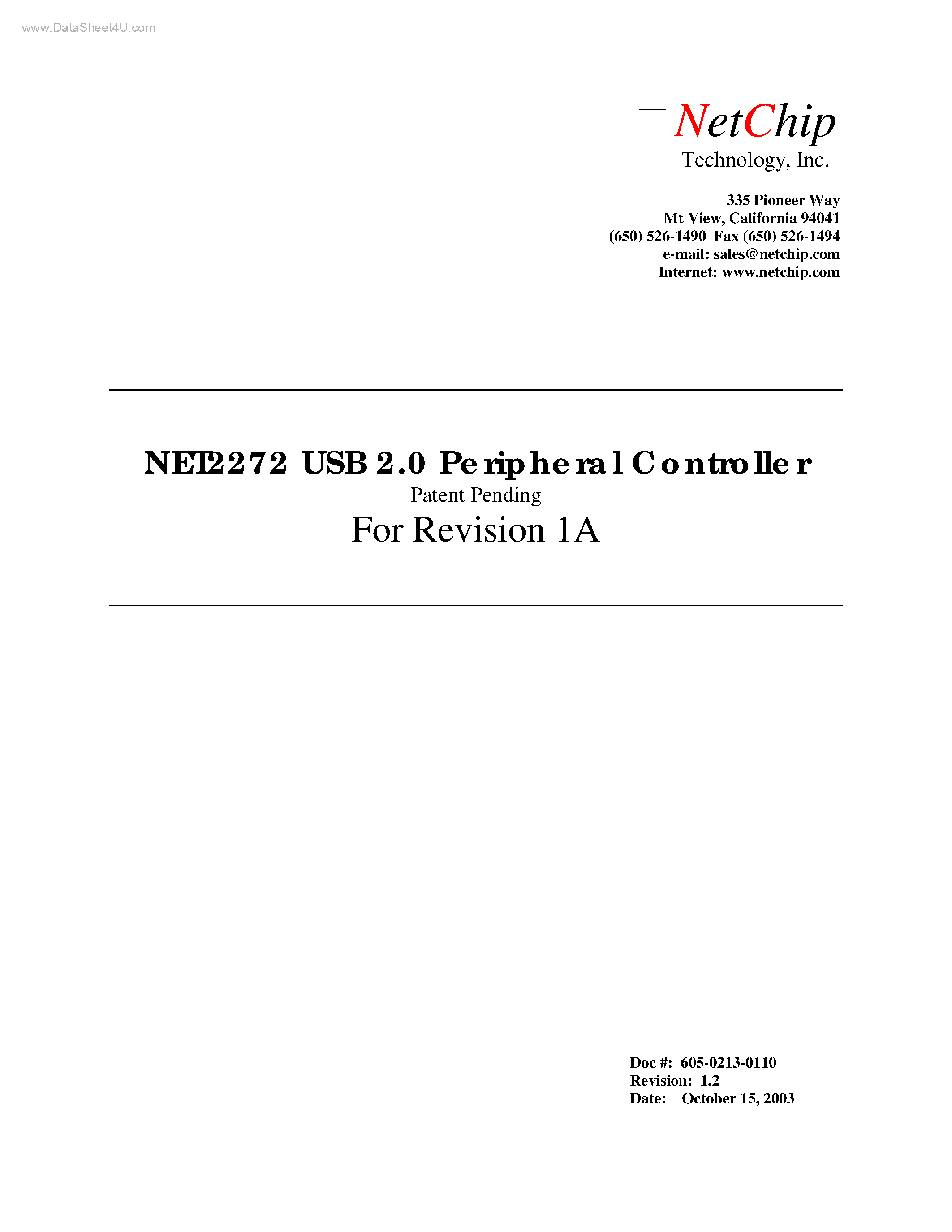 Datasheet NET2272 - USB 2.0 Peripheral Controller page 1