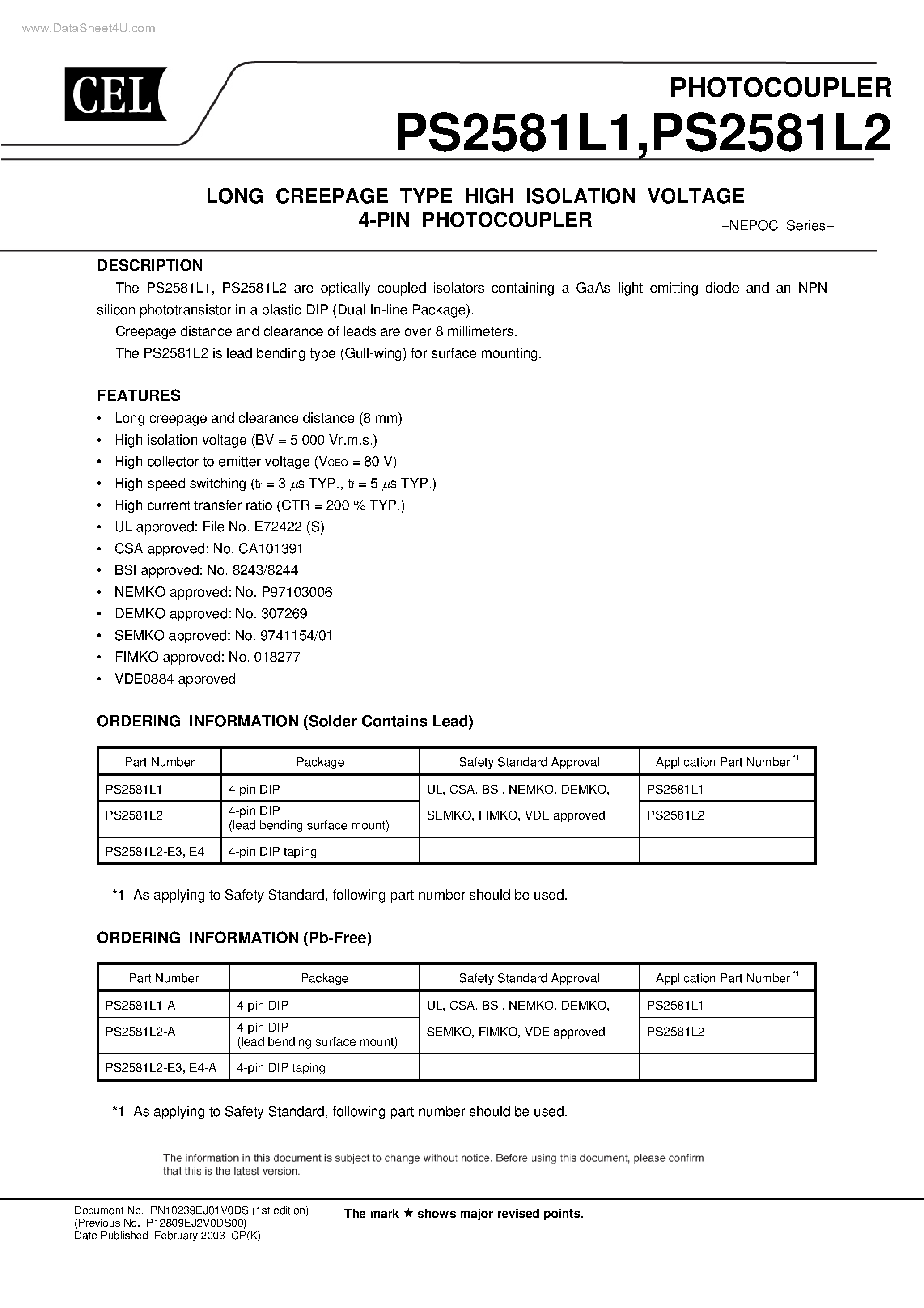 Datasheet PS2581L1 - (PS2581L1 / PS2581L2) LONG CREEPAGE TYPE HIGH ISOLATION VOLTAGE 4-PIN PHOTOCOUPLER page 1