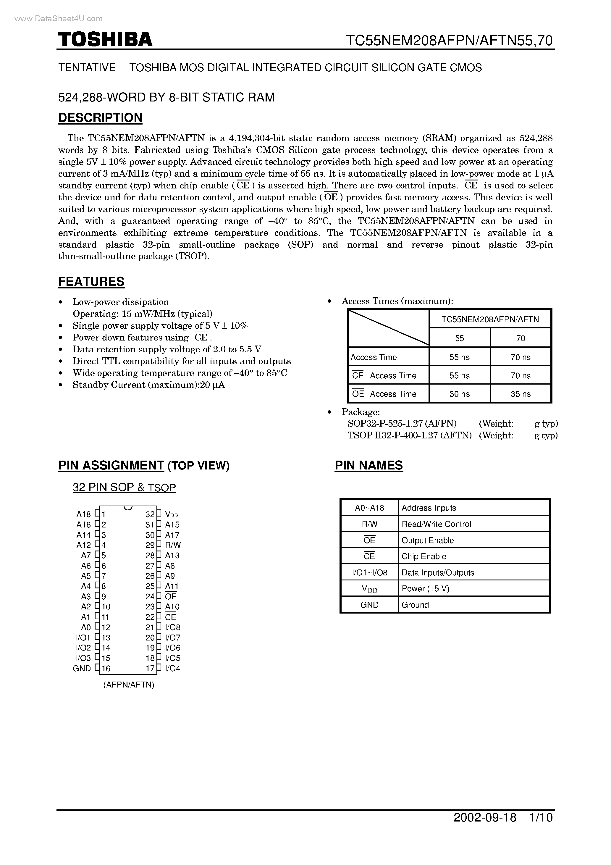 Даташит TC55NEM208AFPN - TENTATIVE TOSHIBA MOS DIGITAL INTEGRATED CIRCUIT SILICON GATE CMOS страница 1