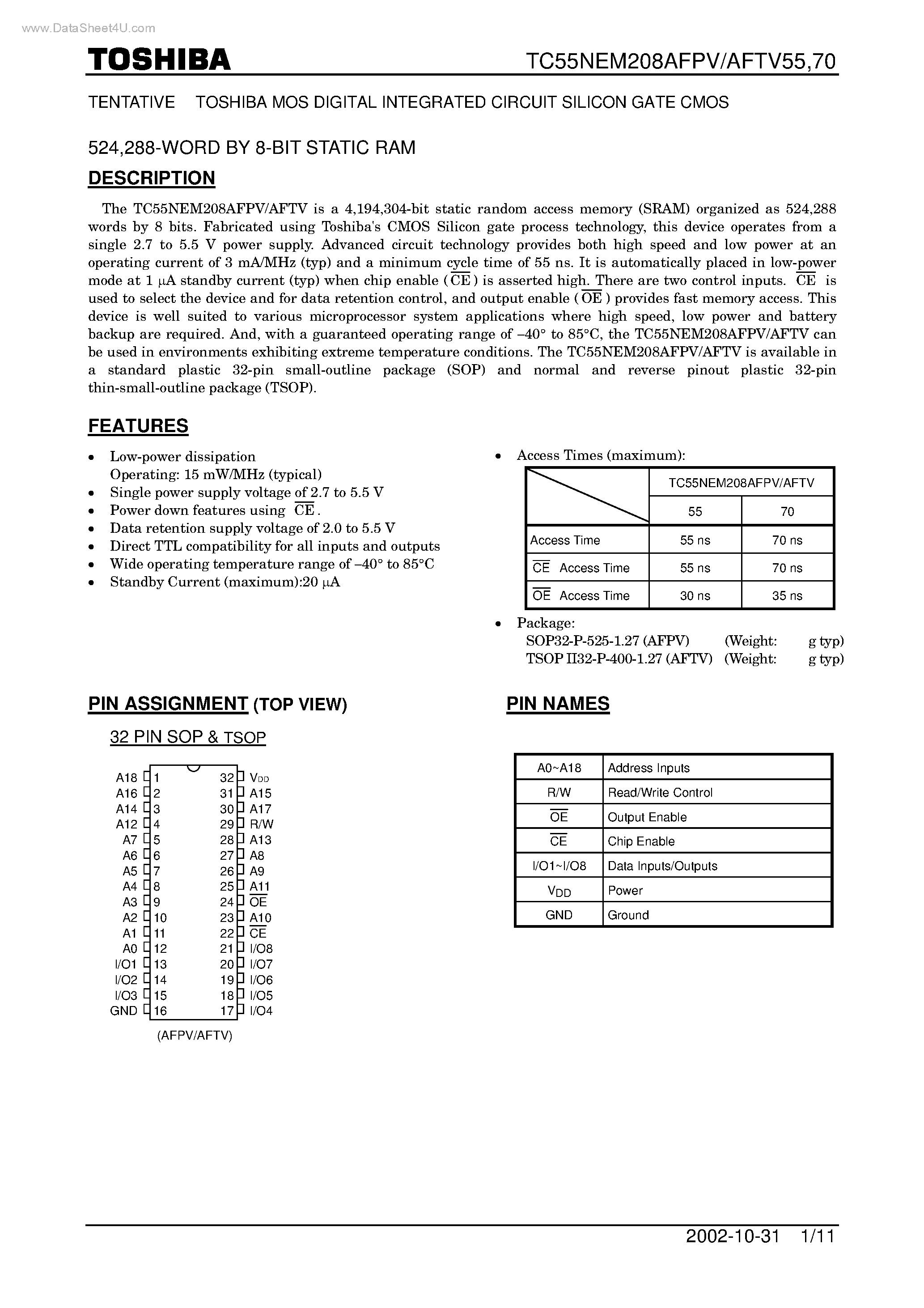 Даташит на микросхему TC55NEM208AFPV страница 1 Даташит TC55NEM208AFPV - STATIC RAM страница 1