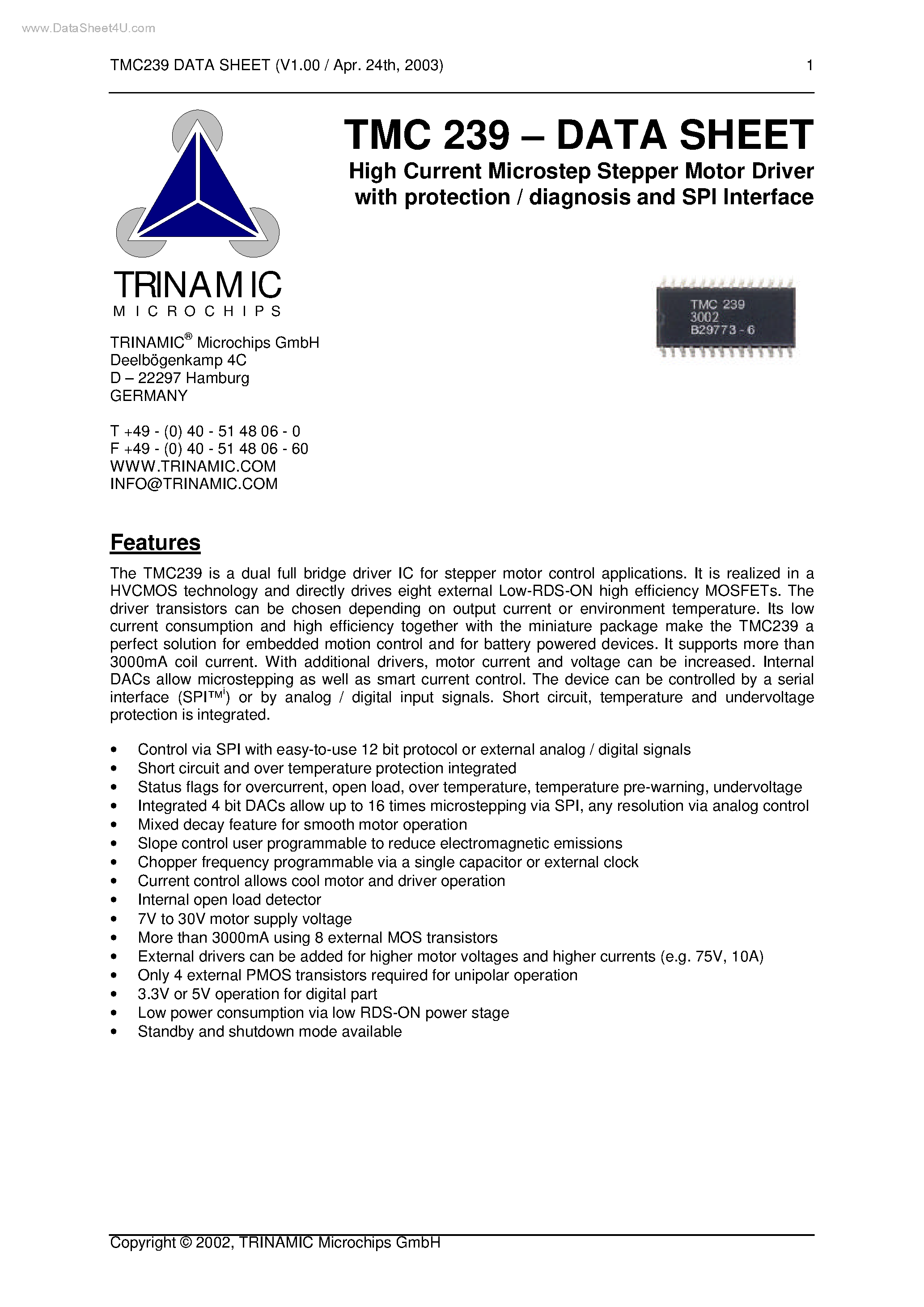 Даташит на микросхему TMC239 страница 1 Даташит TMC239 - High Current Microstep Stepper Motor Driver страница 1