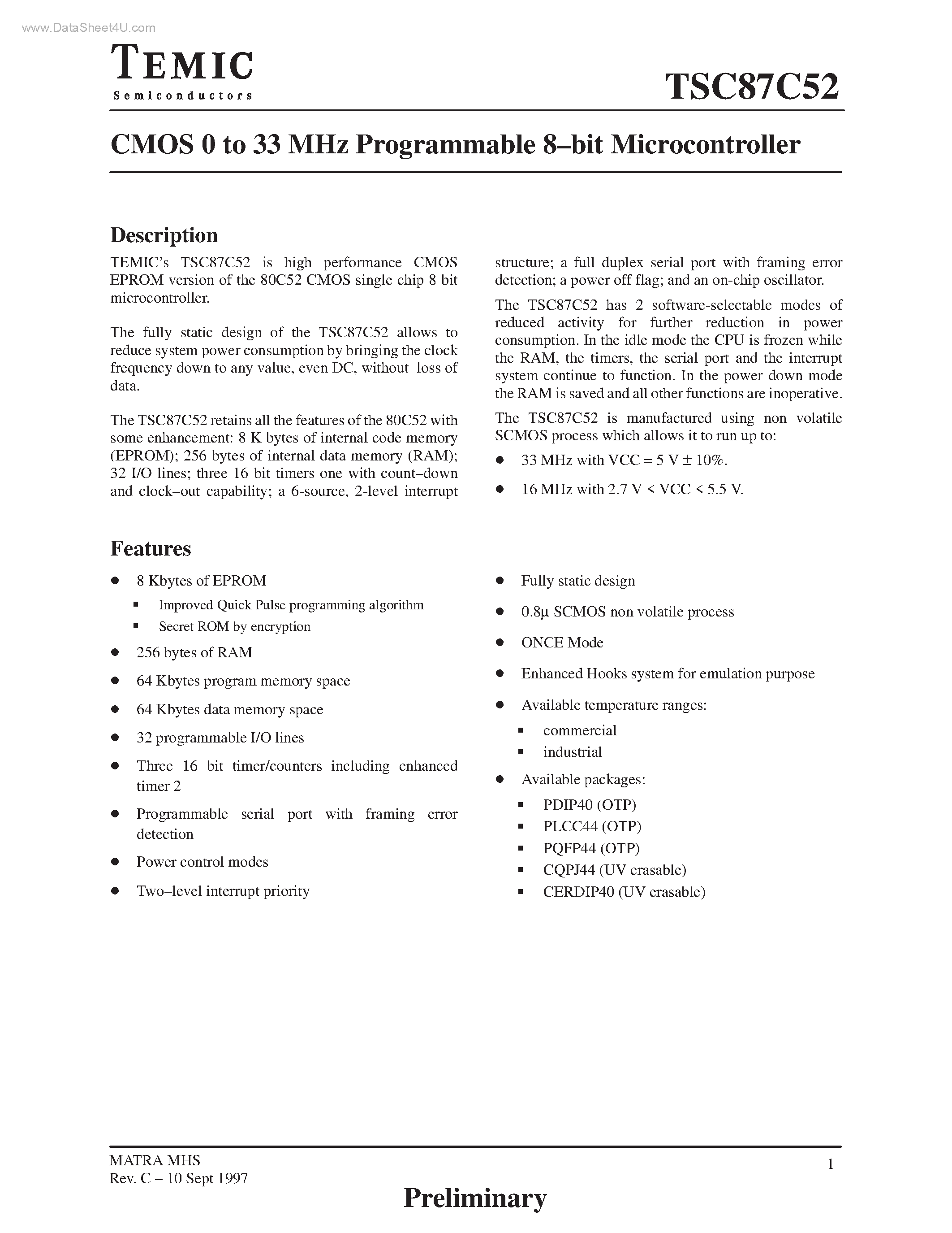 Datasheet TSC87C52 page 1 Datasheet TSC87C52 - CMOS 0 to 33 MHz Programmable 8-Bit Microcontroller page 1