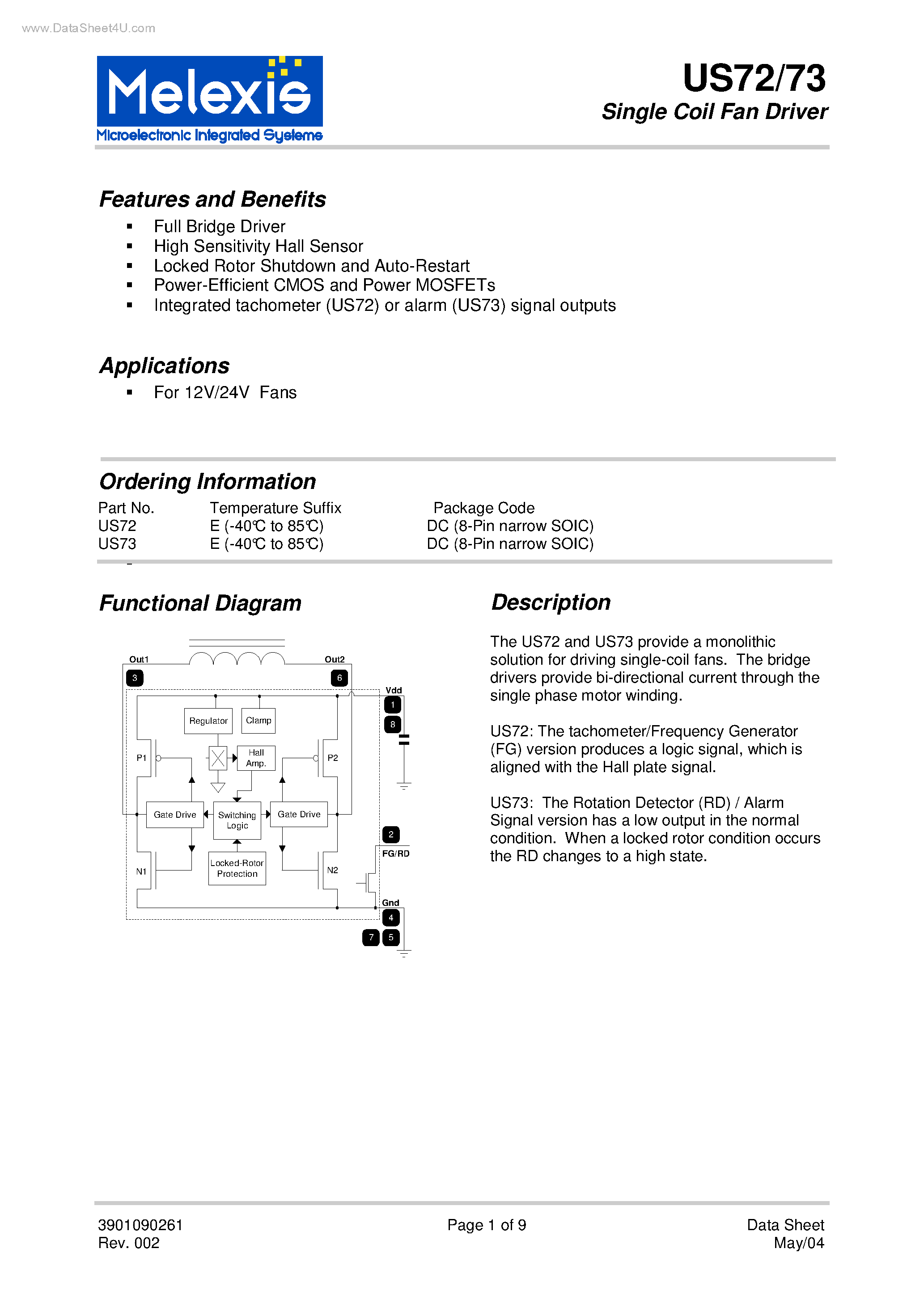 Datasheet US72 - (US72 / US73) Single Coil Fan Driver page 1