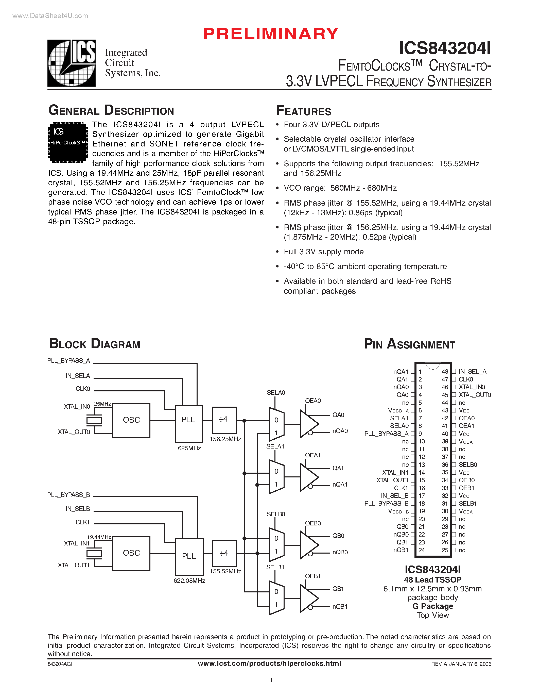 Даташит ICS843204I - CRYSTAL-TO-3.3V LVPECL FREQUENCY SYNTHESIZER страница 1