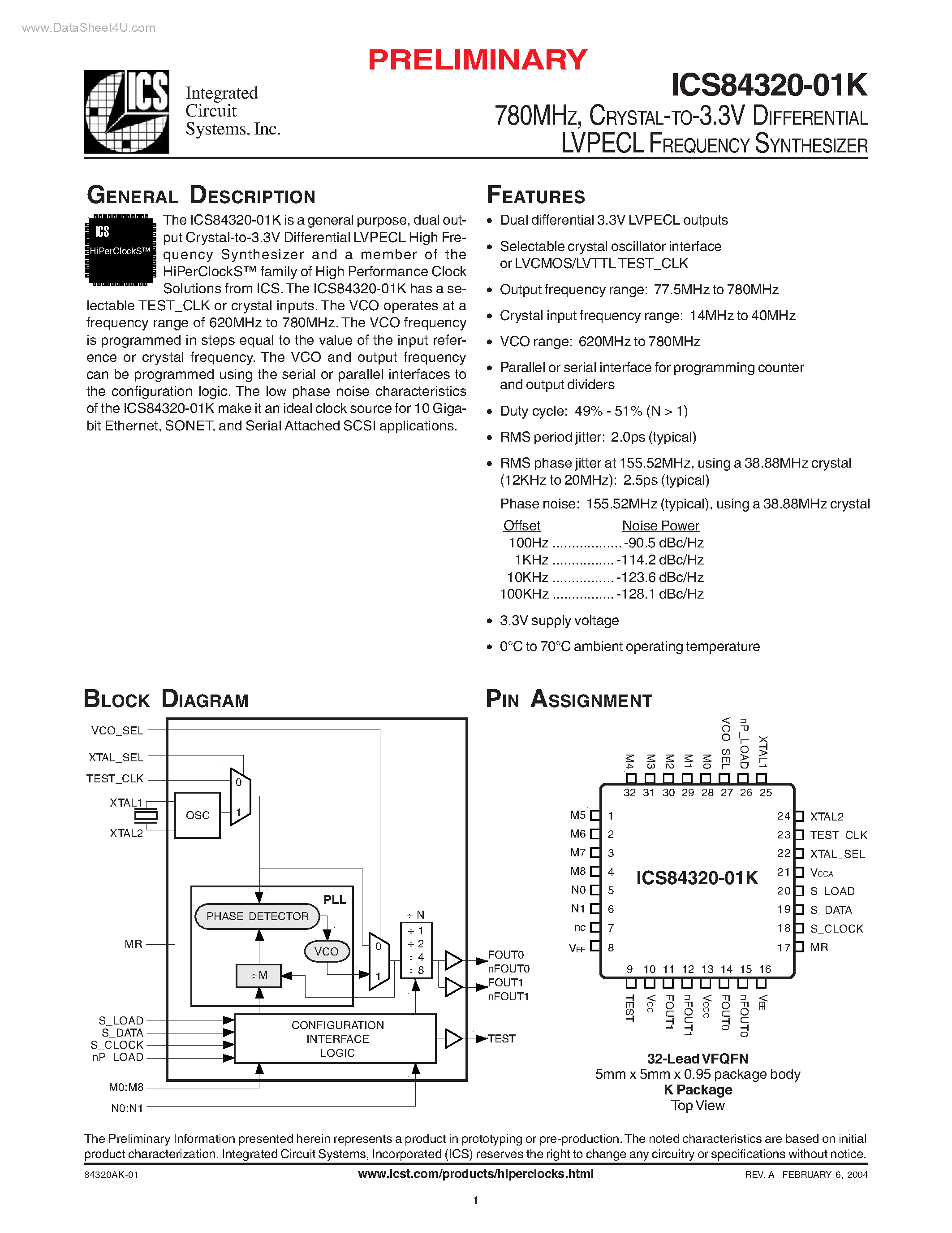 Даташит ICS84320-01K - CRYSTAL-TO-3.3V DIFFERENTIAL LVPECL FREQUENCY SYNTHESIZER страница 1