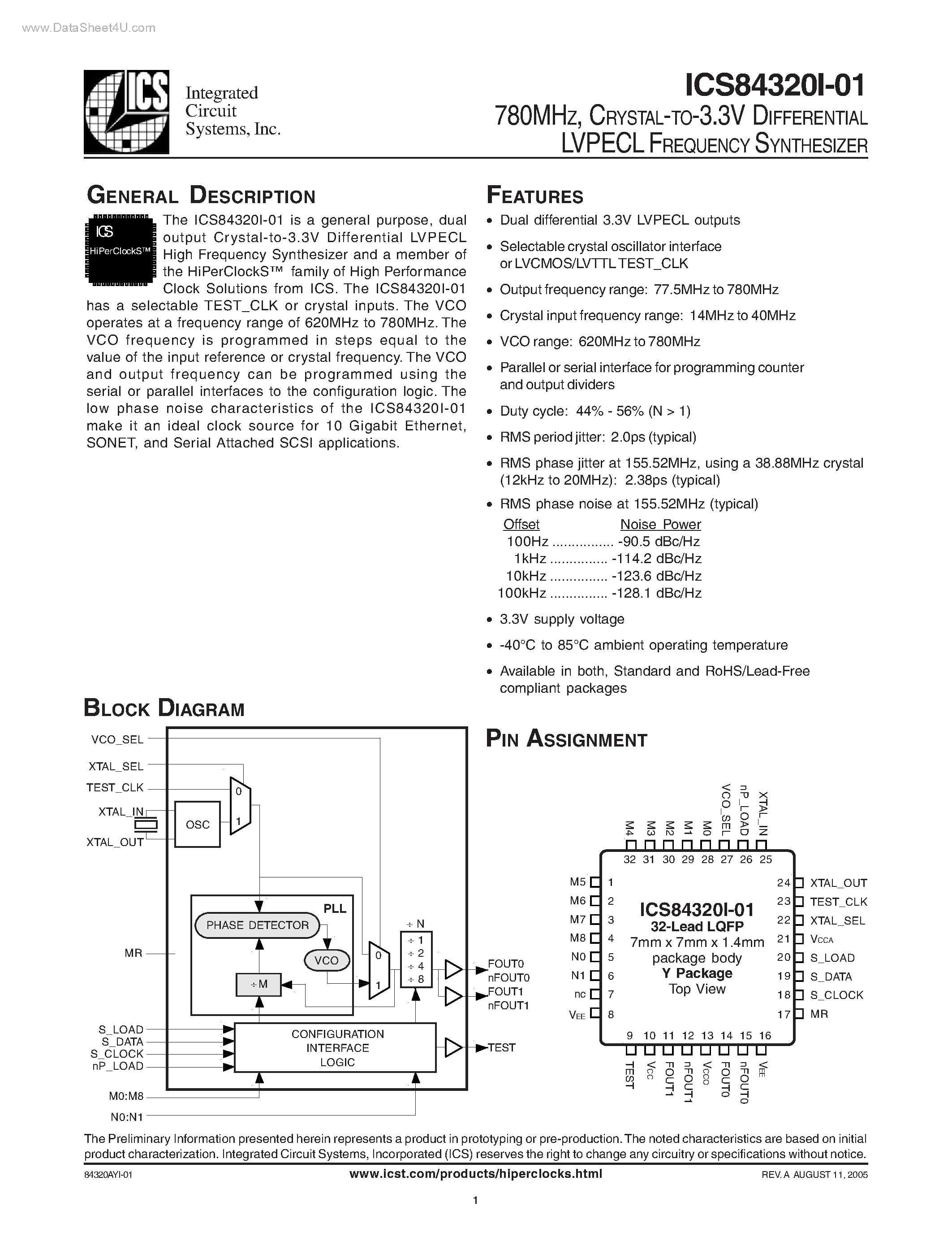 Даташит ICS84320I-01 - CRYSTAL-TO-3.3V DIFFERENTIAL страница 1