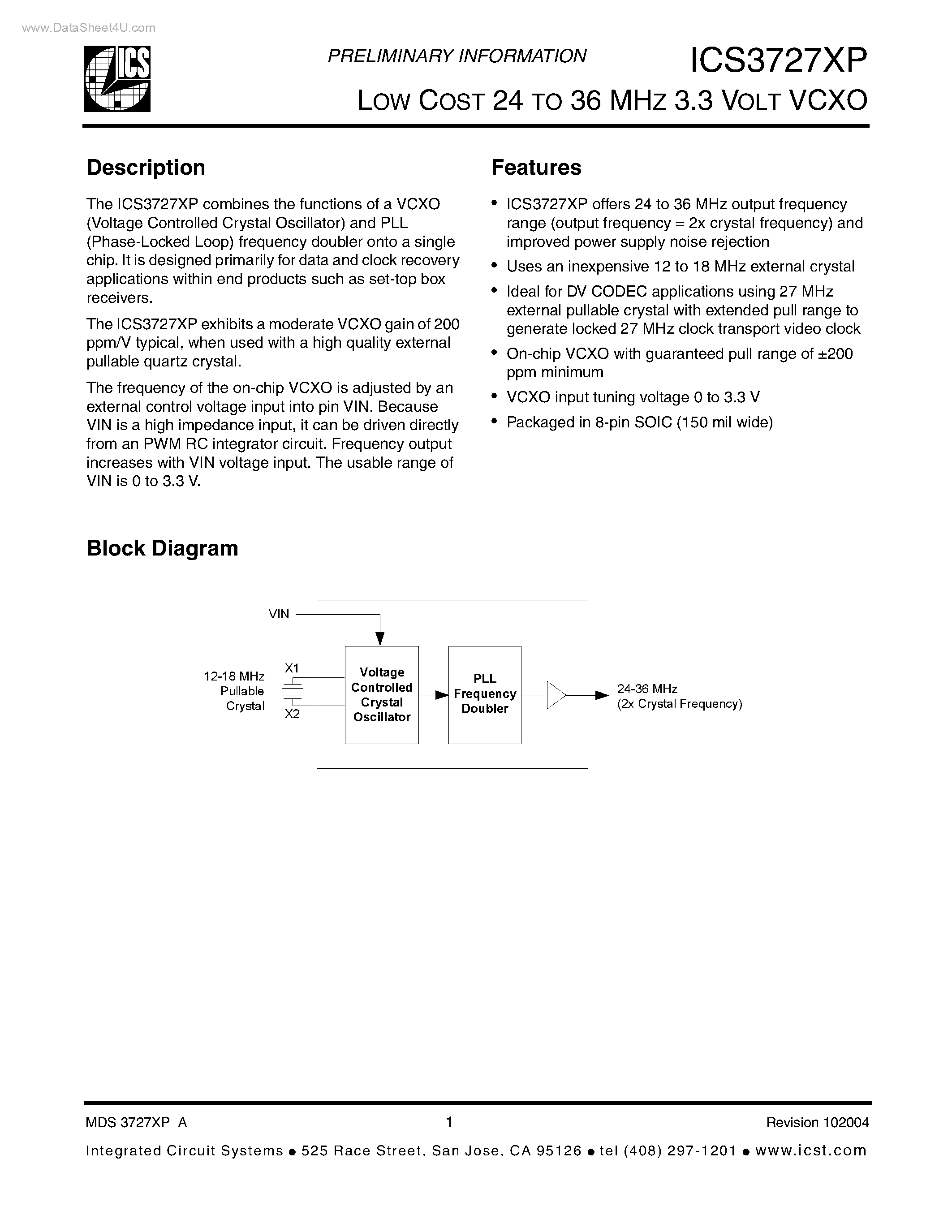 Datasheet ICS3727XP - LOW COST 24 TO 36 MHZ 3.3 VOLT VCXO page 1